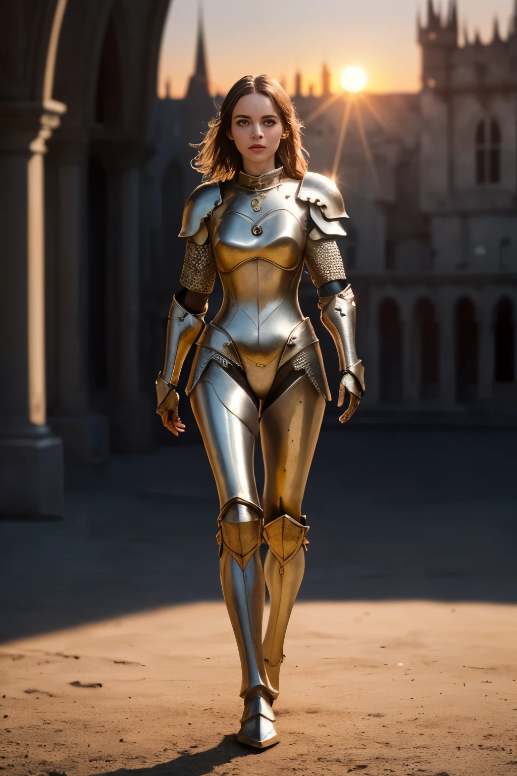 (masterpiece), (extremely complex:1.3), (actual), portrait of a girl, the most beautiful in the world, golden armor,(medieval armor), golden metal reflection, front Photo,full-body shot,Slender legs, outdoor, strong sunlight, Distant castle, Detailed professional photo of a stunning woman, sharp focus, dramatic, Award-winning, Cinema lighting, Unreal Engine Octane Rendering, Volumedtx, (film grain, blurred background, Blurred foreground, Bokeh, depth of field, Sunset, motion blur:1.3), chain armor
