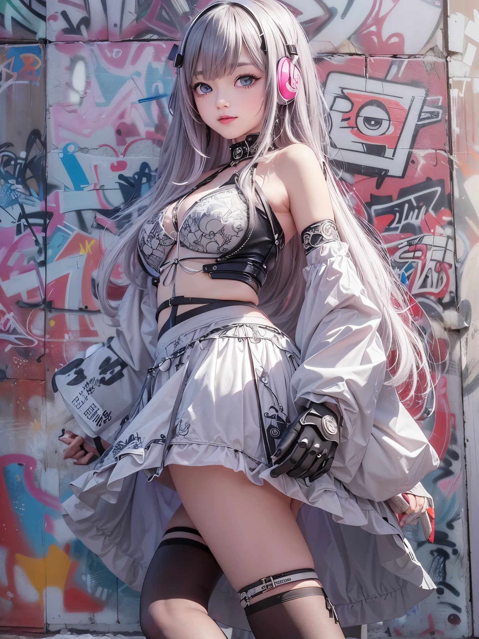(8K、master piece、highest quality、highest level、Highest image quality、muste piece、intricate details、high resolution、depth field、Natural light、professional lighting)、(one girlish girl)、solo、(cute:1.2)、very beautiful 20 year old cartoon girl、(high detail skin: 1.2)、Photorealistic anime girl rendering、Realistic anime 3D style、beautiful bright purple long hair、強烈なred eyes、strong eye highlights、very big breasts、perfect anatomy、((black jacket、wearing white fancy lingerie、mini skirt))、decorative choker、metal accessories、hands behind the back、beautiful long hair、crossed bangs、asymmetrical bangs、bob cut、stick out ears、eyelashes、red eyes、とてもミステリアスなsmile、Attractive、(sophisticated headphones)、Body shiny with oil、thighs open、smile、spread your legs、Lying、squat、I can see my pants、Draw so that the crotch cloth of the white underwear is visible.、Skirt flip、((破れてボロボロの損傷したデニムのmini skirt))、(graffiti:1.5)、paint splashes、put your hands behind your back、towards the wall、When I look through the viewfinder、bracelet、thigh strap、Body Painting、head tilt、blonde hair、iris blue eyes、(Body shiny with oil)、Complex clothing、intricate details、((破れてボロボロの損傷したデニムのmini skirt))、Pants visible from skirt、Panties fully visible、showing off her panties、panties look good、Angle from feet、angle from below、Angle looking up from below、Crotch show off、(lewd girl:1.2)、