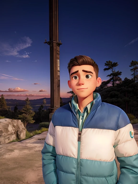 Young man, wearing blue white green jacket, looking at camera, sunset in background