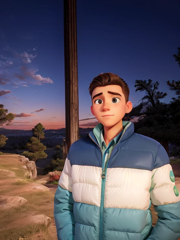 Young man, wearing blue white green jacket, looking at camera, sunset in background