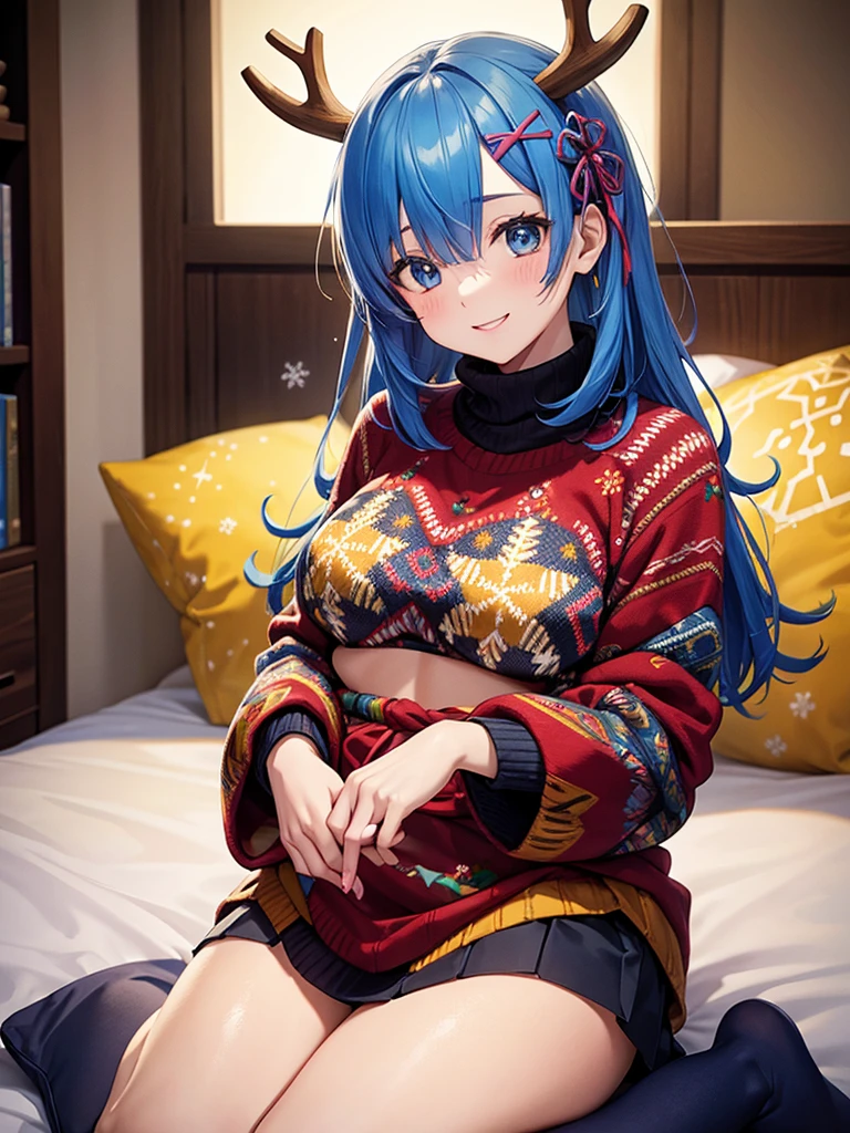 A vibrant scene of a young woman sitting in a traditional seiza position, showcasing her ugly sweater with a proud, beaming smile. Her sweater is adorned with bright, clashing colors and traditional ugly sweater designs like reindeer and snowflakes. rem,re zero,blue hair, short hair and a youthful, energetic expression. The room is decorated with various ugly sweaters hung on the walls,The setting is modern and simple,