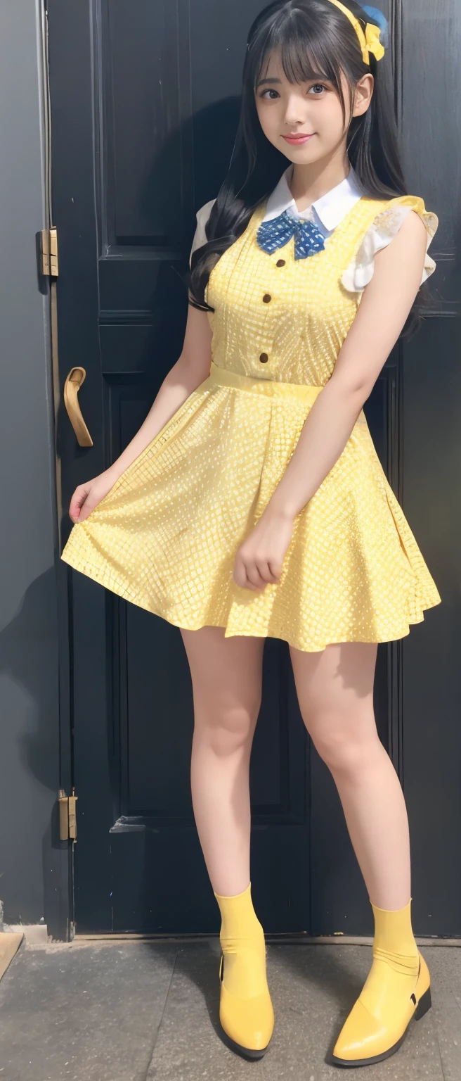 The girl in the yellow dress stood against the wall, with a melancholy expression