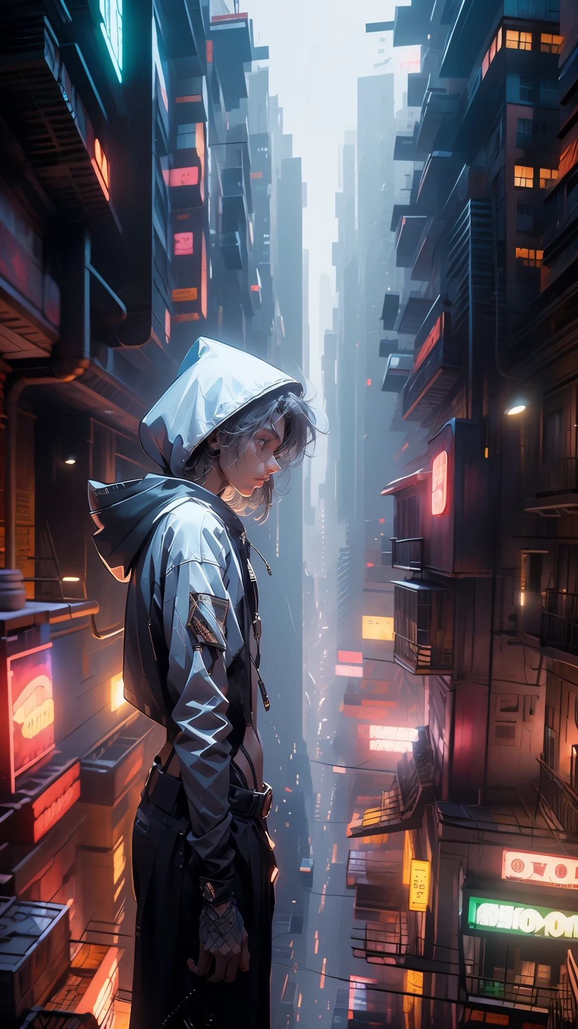 A 20-year-old boy wearing a hood is standing alone on the roof of a building.,Focus on the hustle and bustle of the city and the loneliness of the boys,The scene is epic,There is an atmosphere