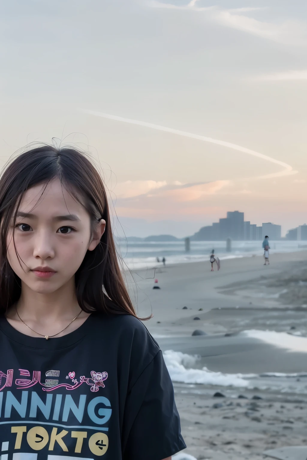 there is a young girl standing on the beach with a skateboard, profile picture 1024px, photo taken in 2 0 2 0, ayamin kojima, xintong chen, tsutomo nihie, nanae kawahara, portrait of a japanese , aoshima chiho, with a city in the background, taejune kim, profile pic