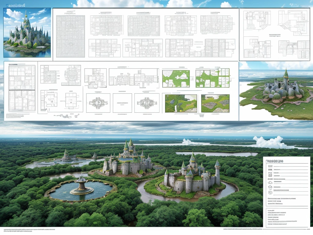 (Floating land and floating castle design of aerial forest and fountain, Over some clouds and thunderstorms)1.4, Bird's-eye view, Scenery, No humans, A fantastic magical world, (Best Quality), (masutepiece:1.3), (Photorealistic:1.36), (Realistic), Ultra-detailed,, Detail Background,云、Planes、blimp、a bird、shooting stars、Fantastical, (Design sheet:1.3), (multi-angle and detailed view:1.3)