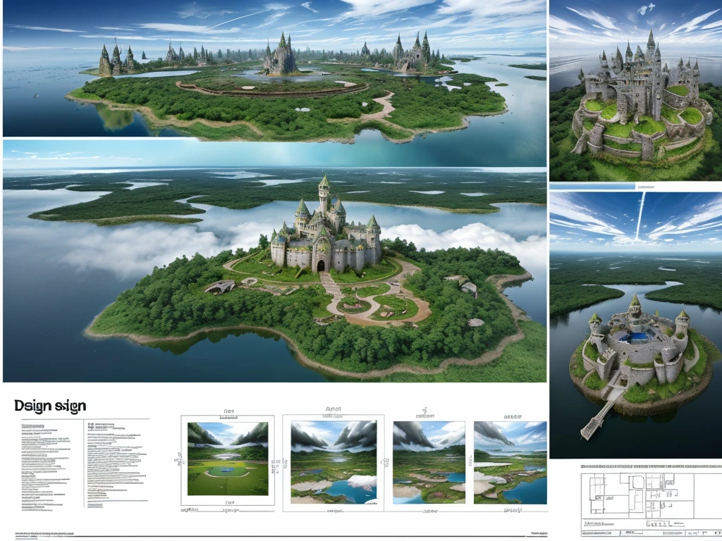 (Floating land and floating castle design of aerial forest and fountain, Over some clouds and thunderstorms)1.4, Bird's-eye view, Scenery, No humans, A fantastic magical world, (Best Quality), (masutepiece:1.3), (Photorealistic:1.36), (Realistic), Ultra-detailed,, Detail Background,云、Planes、blimp、a bird、shooting stars、Fantastical, (Design sheet:1.3), (multi-angle and detailed view:1.3)