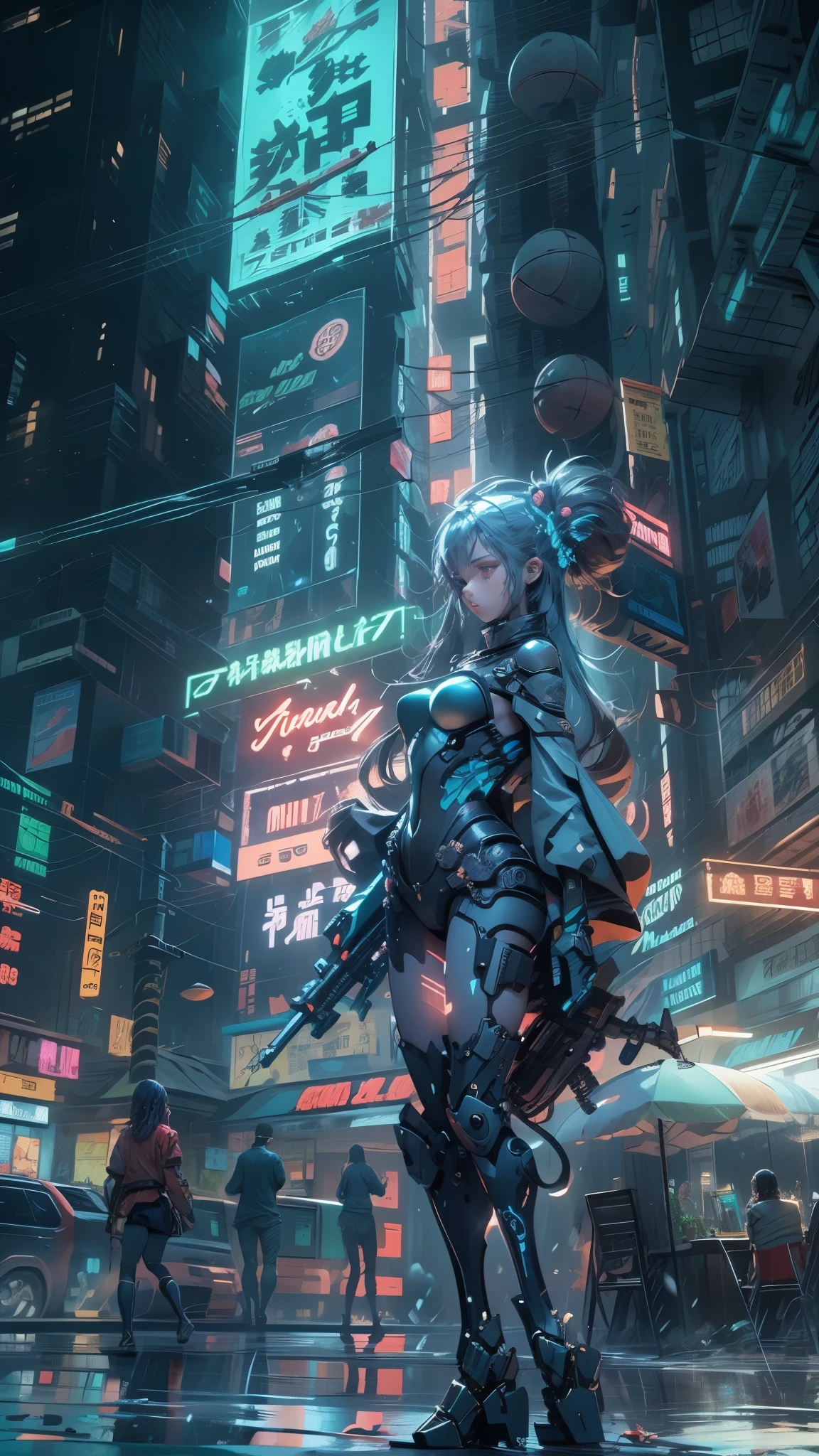 Wet day，Mecha，enemy，Girl Warrior，high rise construction，night，neon light