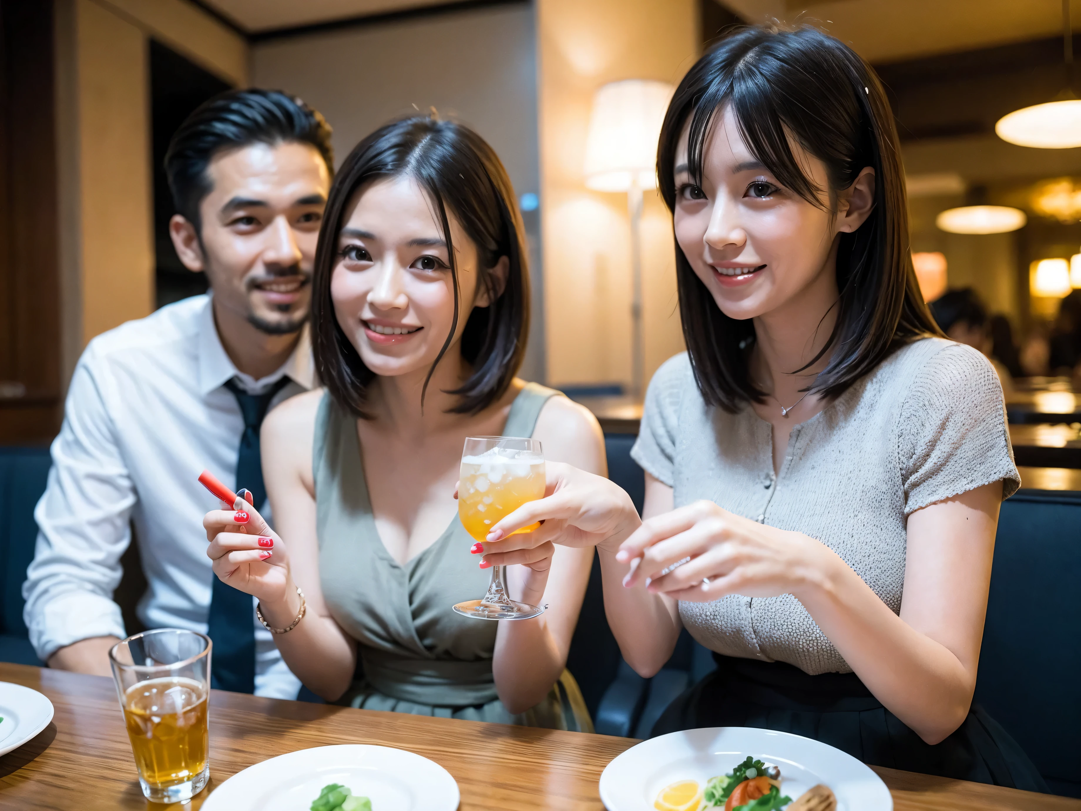 Detailed images that look like they were taken with a high-end camera、party、couple、banquet、Japanese sake、Shochu、hot sake、Japanese sakeファン、I love Japanese sake、because I'thin、Women who drink alcohol、36 years old、38 years old、Colombia、Brazilian、Japanese、Dutch、German、Portuguese、Belgian、chiri、American、french、Spaniard、Italian、Indian、Englishman、Cut your hair short、brown hair、beautiful woman with glasses and cup、Japanese sakeグラスとワイングラスには清酒が入っています.、720m of Japanese sake、1.You can also see the 8L sake bottle...、There is also Choshi、adult woman in her 30s、Have a nice smile while enjoying a drink.、The location is a hotel restaurant..、You can see the beautiful night view of the city outside the window..、The floor is the 1st floor、In the background you can see a man and a woman enjoying alcohol...。