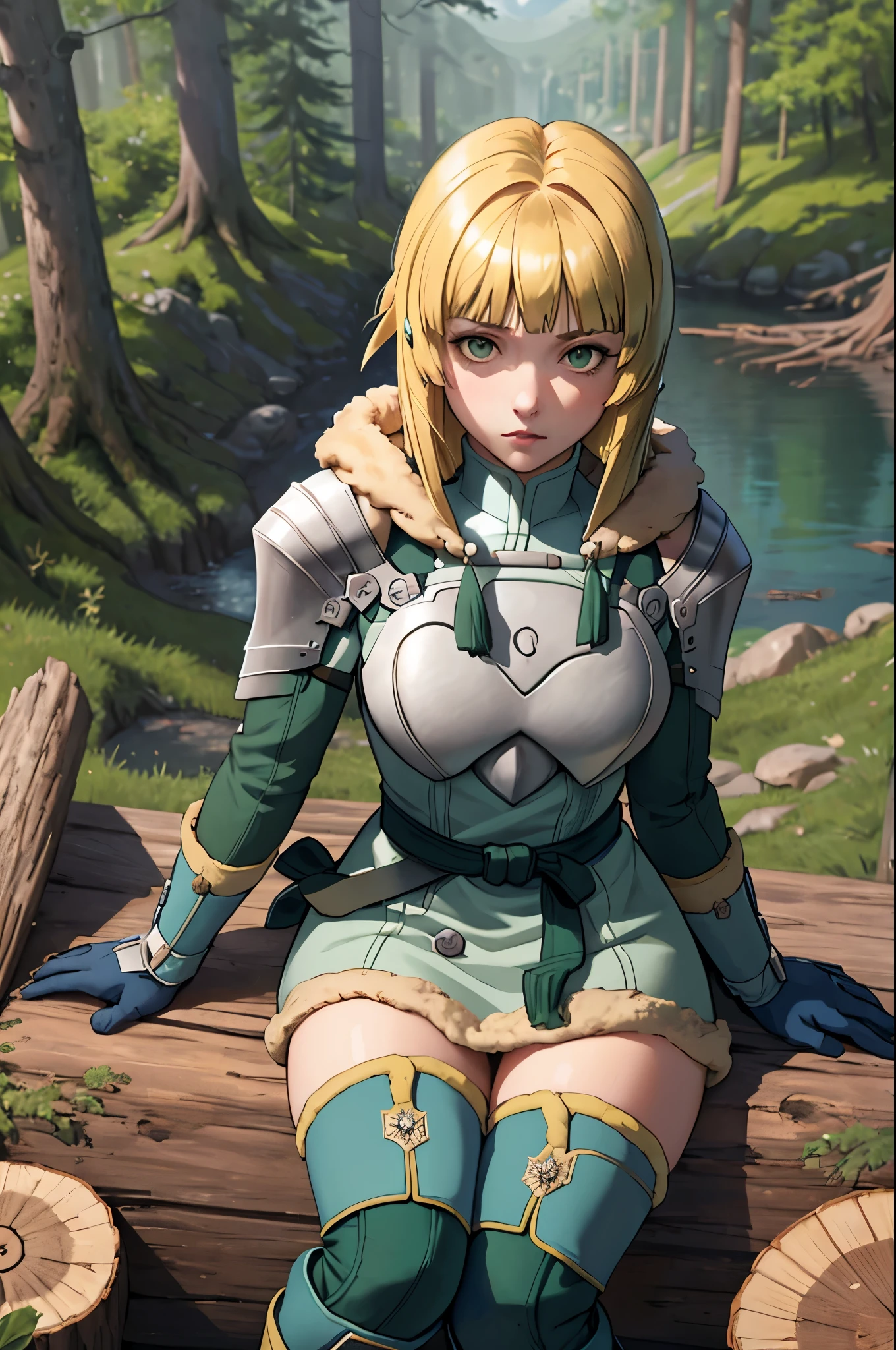 masterpiece, best quality,  hopesingrid, medium hair, bob cut, bangs, shoulder armor, breastplate, green coat, fur trim, gauntlets, blue gloves, belt, green boots, sitting, from above, forest, fallen log, looking at viewer