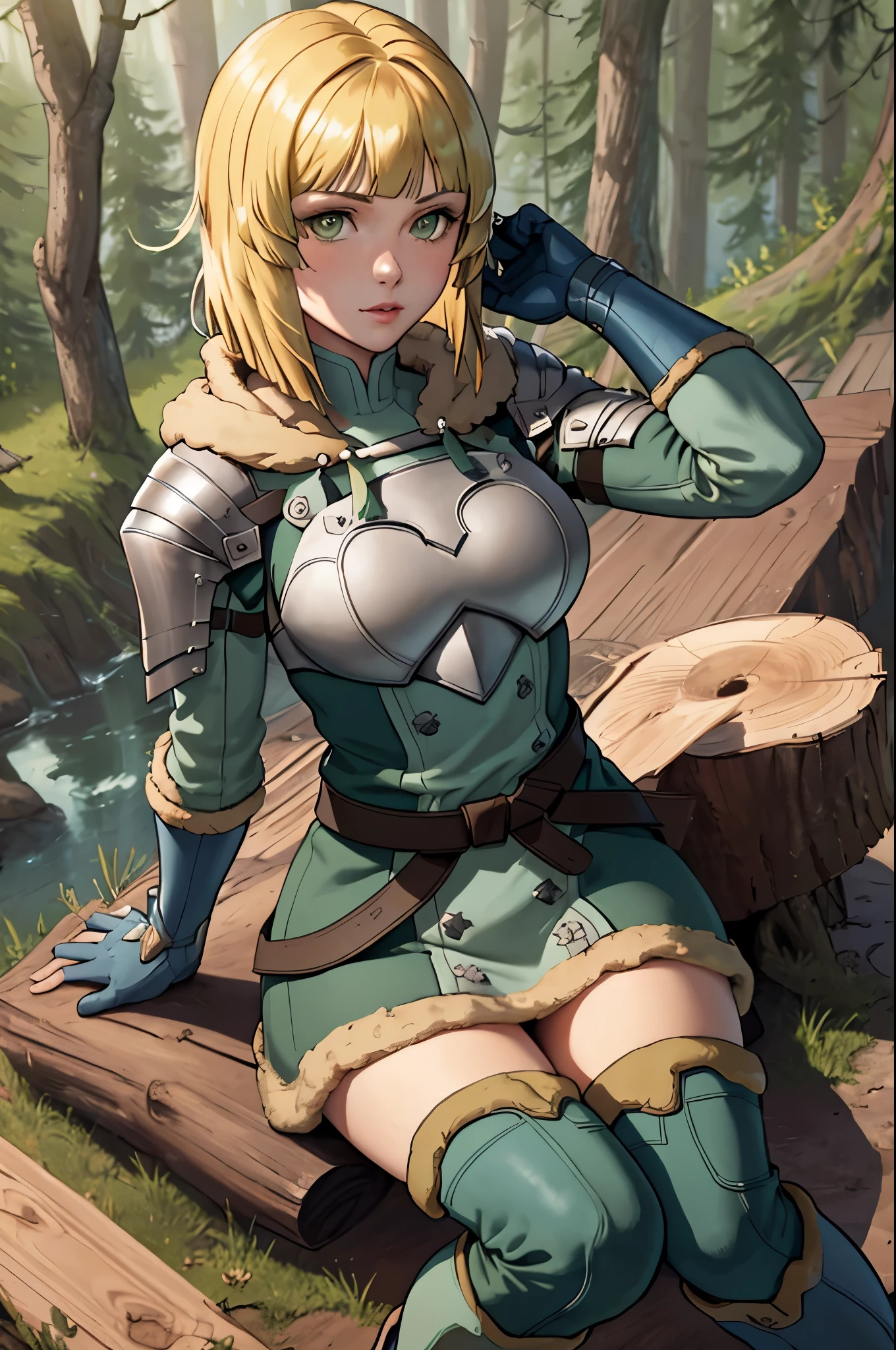 masterpiece, best quality,  hopesingrid, medium hair, bob cut, bangs, shoulder armor, breastplate, green coat, fur trim, gauntlets, blue gloves, belt, green boots, sitting, from above, forest, fallen log, looking at viewer