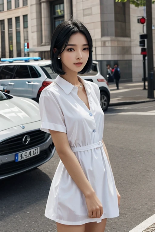 1 woman, Black hair, blue pupils, gentle face, Cute, Love earrings, White dress, standing in front of the police station, surreal