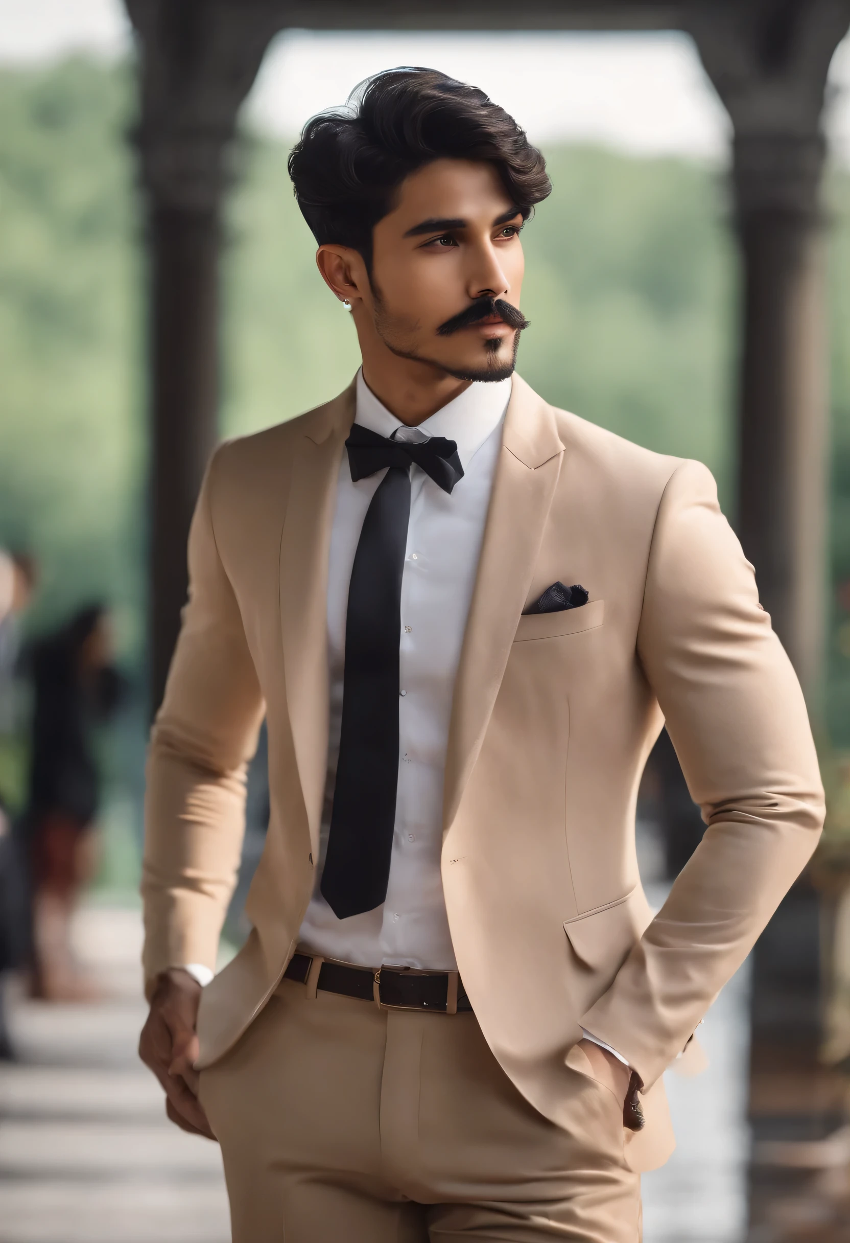 male people、mustache、black short-haired、glamor、suits、20 year old generation, looks ultra real, mesomorph body, height 5.7 feet , brown punjabi boy, light trimmed beard
