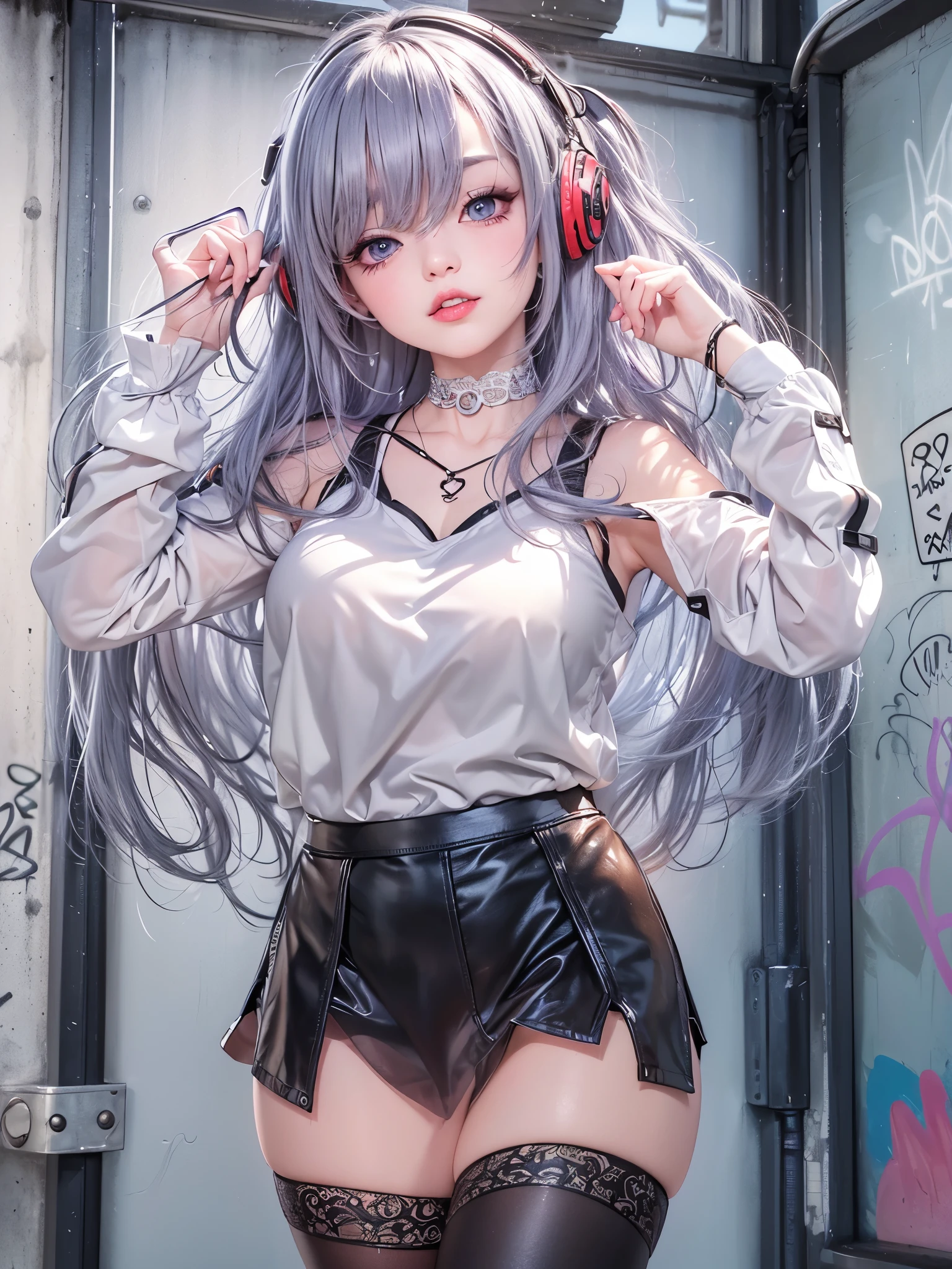 (8K、master piece、highest quality、highest level、Highest image quality、muste piece、intricate details、high resolution、depth field、Natural light、professional lighting)、(one girlish girl)、solo、(cute:1.2)、very beautiful 20 year old cartoon girl、(high detail skin: 1.2)、Photorealistic anime girl rendering、Realistic anime 3D style、美しい明るいブロンドのlong hair、強烈なred eyes、strong eye highlights、very big breasts、perfect anatomy、((black jacket、wearing white fancy lingerie、supple and thin fabric、mini skirt、metal accessories、))、decorative choker、hands behind the back、綺麗なプラチナblonde hair、long hair、crossed bangs、asymmetrical bangs、bob cut、stick out ears、eyelashes、red eyes、とてもミステリアスなsmile、Attractive、(sophisticated headphones)、Body shiny with oil、thighs open、smile、spread your legs、Lying、squat、I can see my pants、Draw so that the crotch cloth of the white underwear is visible.、Skirt flip、((破れてボロボロの損傷したデニムのmini skirt))、(graffiti:1.5)、paint splashes、put your hands behind your back、towards the wall、When I look through the viewfinder、bracelet、thigh strap、Body Painting、head tilt、blonde hair、iris blue eyes、(Body shiny with oil)、8K resolution、Complex clothing、intricate details、Pants visible from skirt、Panties fully visible、boyish girl、short hair、showing off her panties、panties look good、string panties、Angle from feet、angle from below、Angle looking up from below、Crotch show off、(lewd girl:1.2)、