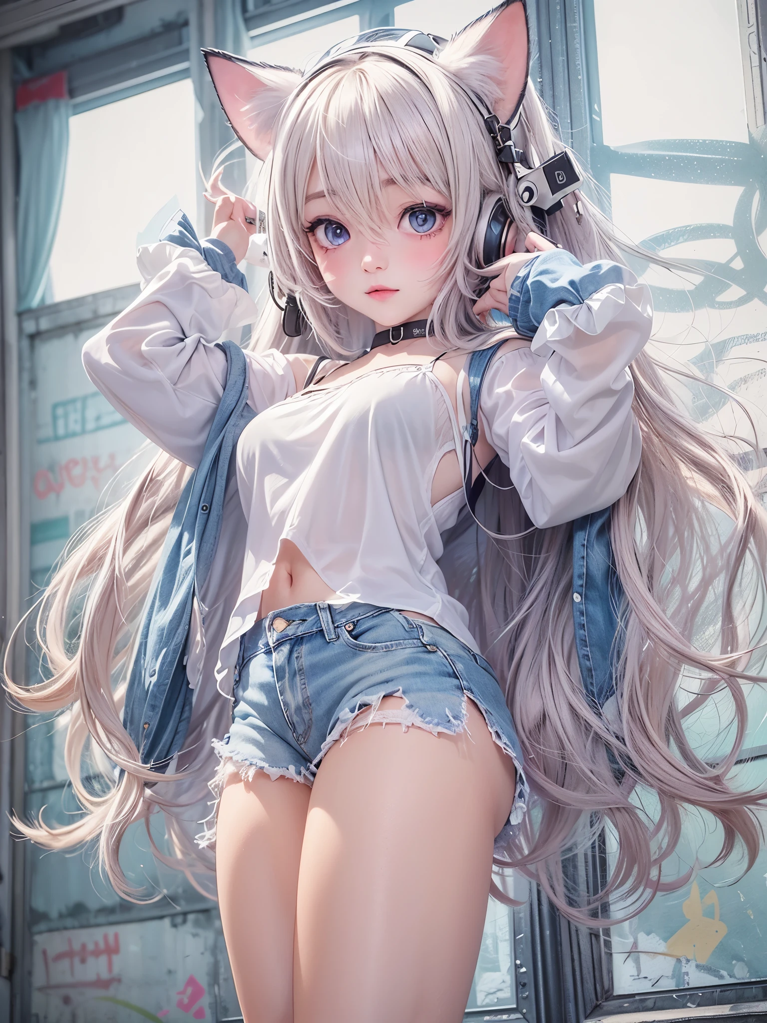 (8K、master piece、highest quality、highest level、Highest image quality、muste piece、intricate details、high resolution、depth field、Natural light、professional lighting)、(one girlish girl)、solo、(cute:1.2)、very beautiful 20 year old cartoon girl、(high detail skin: 1.2)、Photorealistic anime girl rendering、Realistic anime 3D style、beautiful bright purple long hair、強烈なred eyes、strong eye highlights、very big breasts、perfect anatomy、((cat ears、Wearing white lingerie、blue denim miniskirt))、decorative choker、metal accessories、hands behind the back、beautiful long hair、crossed bangs、asymmetrical bangs、bob cut、stick out ears、eyelashes、red eyes、very mysterious smile、Attractive、(sophisticated headphones)、Body shiny with oil、((thighs open、spread your legs、Lying、squat、I can see my pants、Draw so that the crotch cloth of the white underwear is visible.、Skirt flip))、Torn and tattered damaged miniskirt、(graffiti:1.5)、paint splashes、put your hands behind your back、towards the wall、When I look through the viewfinder、bracelet、thigh strap、Body Painting、head tilt、blonde hair、iris blue eyes、(Body shiny with oil)、Complex clothing、intricate details、(Pants visible from skirt)、Panties fully visible、(showing off her panties)、panties look good、Angle from feet、angle from below、Angle looking up from below、Crotch show off、(lewd girl:1.2)、
