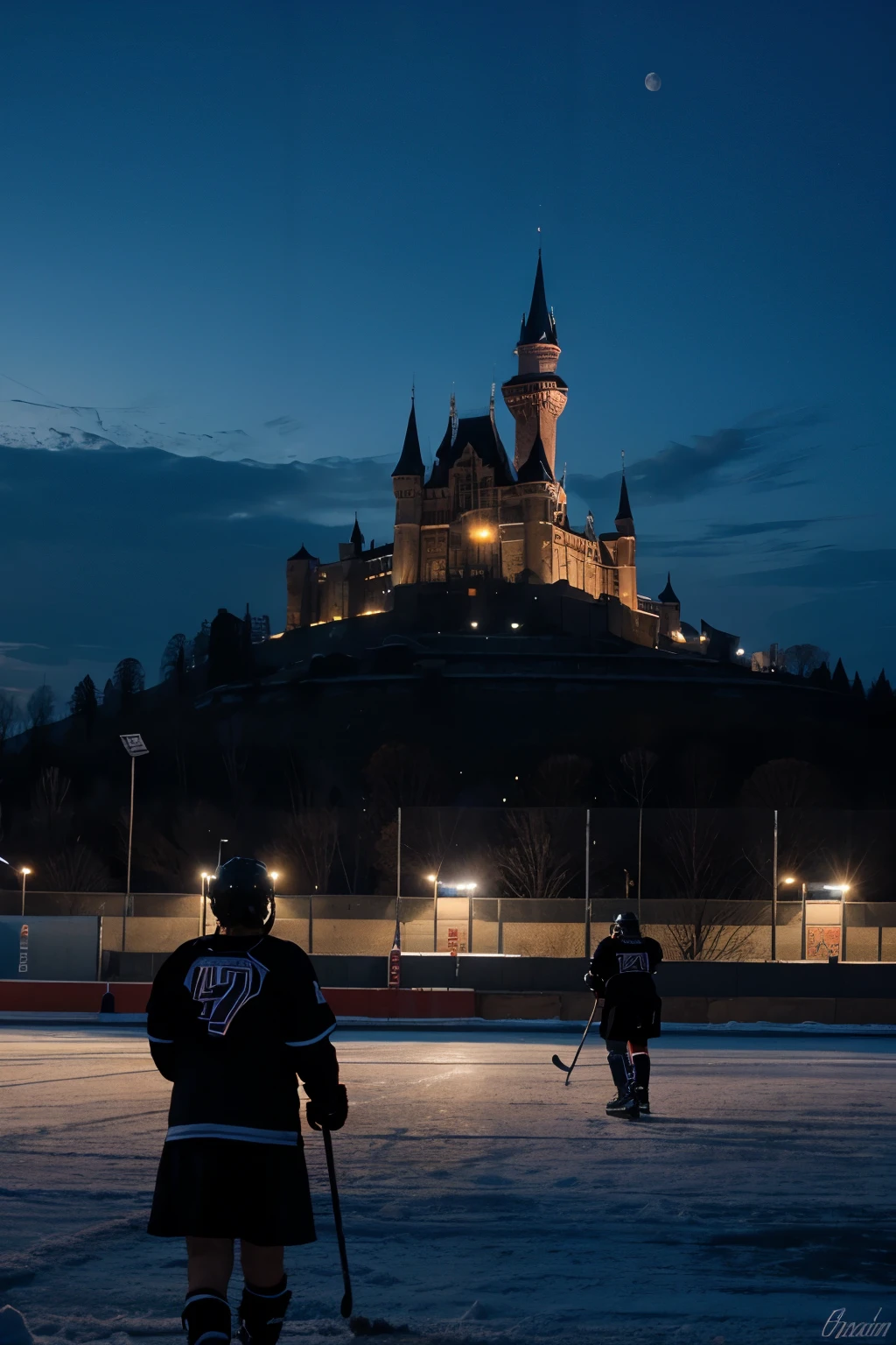 night hockey stadium and Gothic castles in the background
