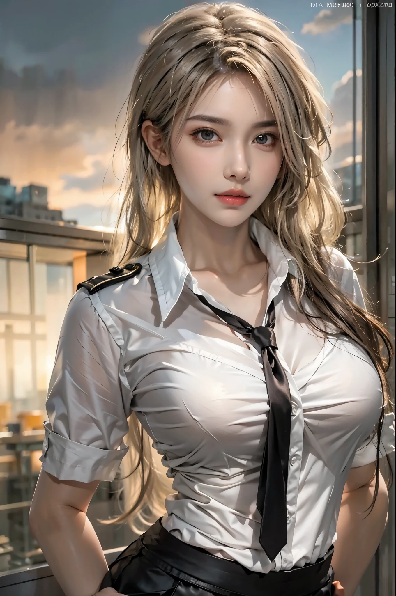 realistic, High resolution, soft light,1 female, alone, hip up, glowing skin, (detailed face),tattoo, jewelry, Secretarial Uniform, white shirt, black skirt, black stockings, garter belt, night, blonde hair, wavy hair, Beautiful Soldier, Eyes that invite the viewer, lover&#39;s perspective, an inviting look, sexy smile, perfect style, perfect balance, fine skin, naughty look, I can see your chest