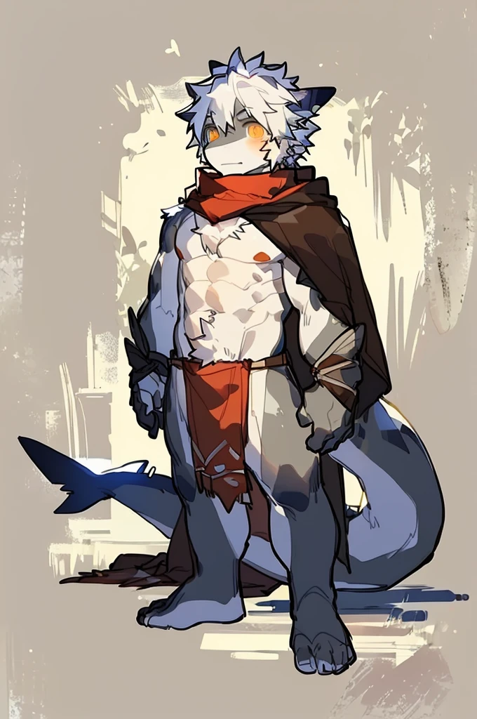 Author: milkytiger1145, shark，male，Naked，Wear only loincloth，Bright Eyes，best quality，Perfect anatomy structure，male， Lean，whole body，individual，Barefoot，lustful man，adult，no cloak，gray body，abdominal muscles，chest muscles，Tail，scarf， white hair