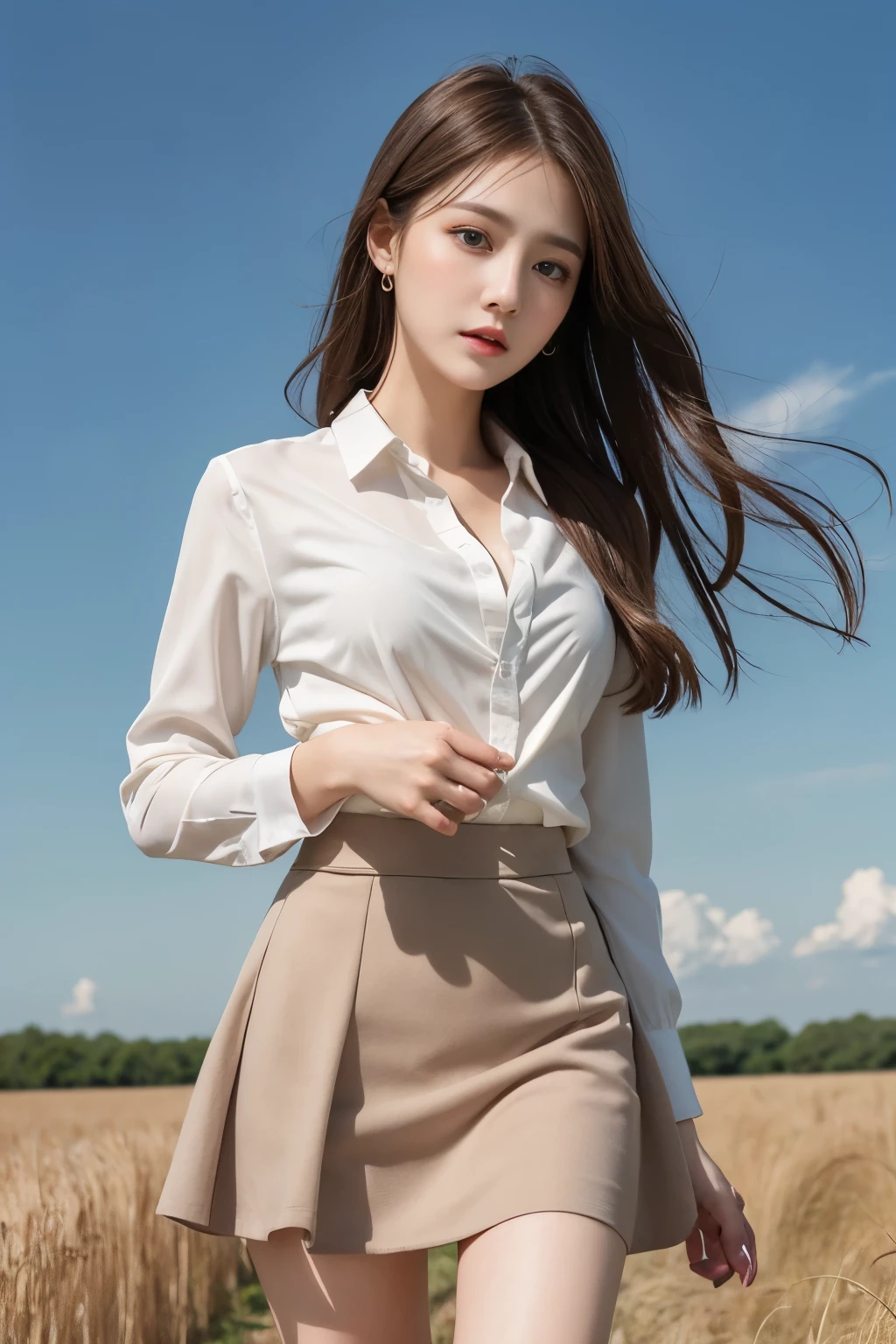 Bread chira、whole body、field, best quality, Realistic, super detailed, down to the last detail, High resolution, 4k wallpaper, Beautiful woman,, light brown hair, wore a suit, perfect dynamic composition, beautiful and delicate eyes, delicate hair, Round face model body type、mini skirt、drooping eyes