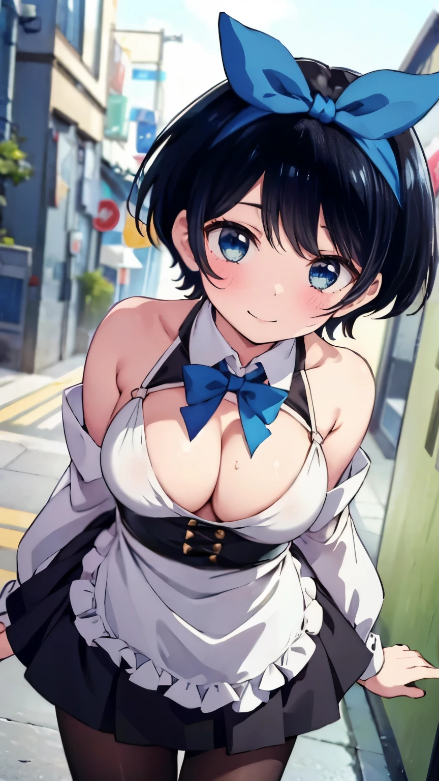 Main piece、high quality、High resolution、1 girl,single, Ruka Sarashina、jewelry、skirt、Maid uniform with bare chest、Japan maid café、black hairの女性、short hair、black hair、black pantyhose, blue eyes, long sleeve, Blue Hair Band, bangs, big breasts, cleavage, Medium waist, medium hips, wide thighs, Cowboy photos, smile, Charm, embarrassing, blush、large crowd of people, looking at the viewer,from below、Low - Angle,とてもbig breasts、cleavage、No bra、No panties、No panties、非常に短いskirt、nipple、nippleを出す、nippleからミルクが吹き出す、nippleからミルクが滴る