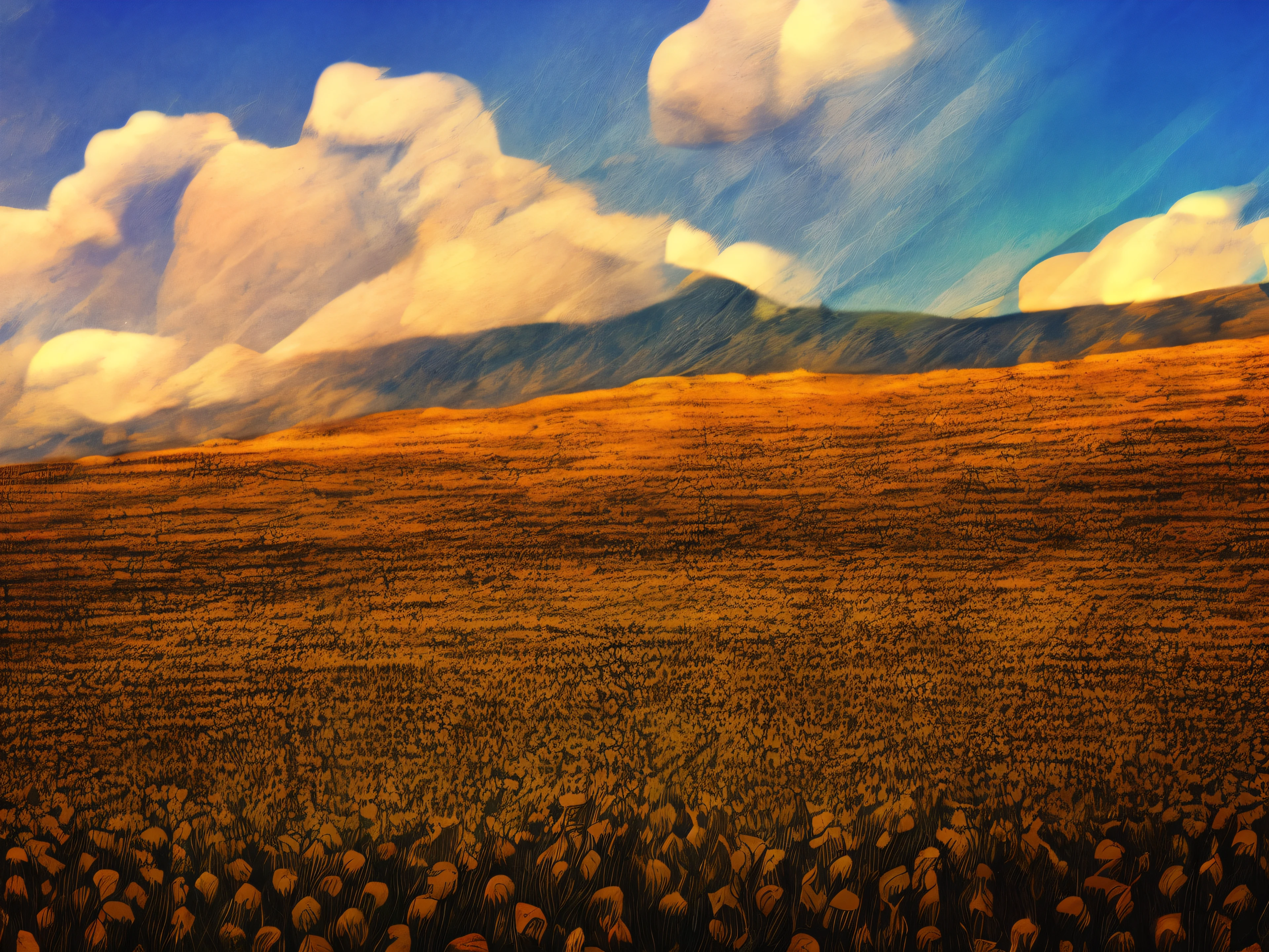 flower, cloud,yellow_flower, sky, day, outdoorshorizon, cloudy_sky, grass, mountain, field, water, blue_sky,flower_field, orange_flower,