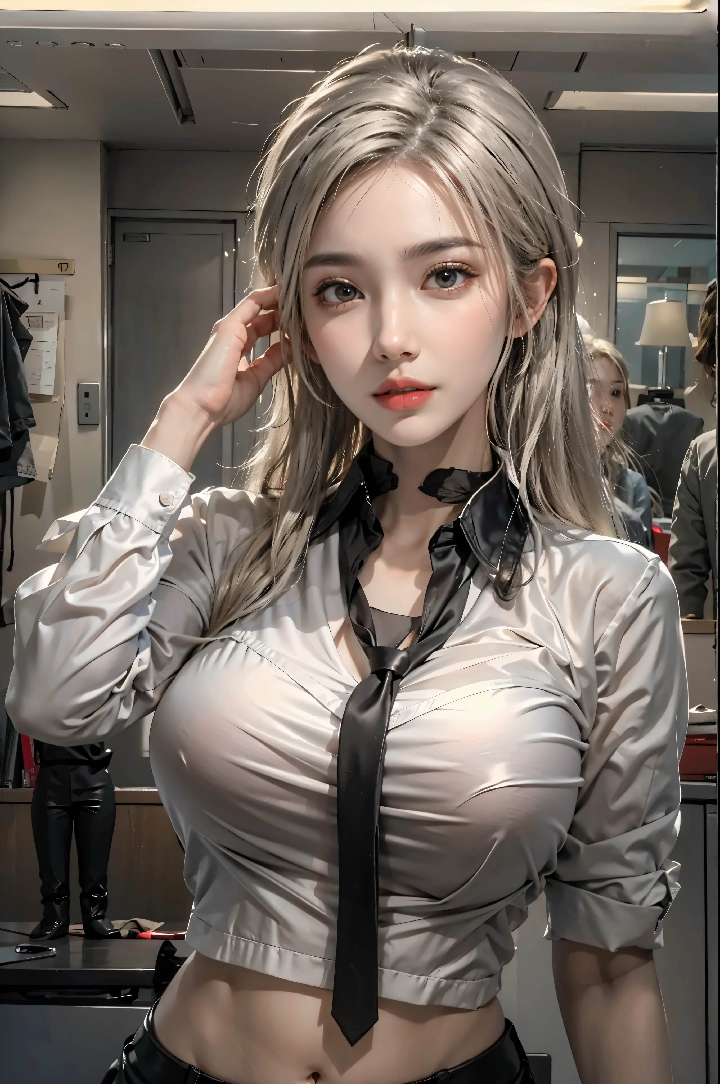 realistic, High resolution, soft light,1 female, alone, hip up, glowing skin, (detailed face),tattoo, jewelry, secretary clothes, white shirt, black skirt, black stockings, garter belt, night, blonde hair, wavy hair, Beautiful Soldier, Eyes that invite the viewer, spouse&#39;point of view, attractive appearance, sexy smile, perfect style, perfect balance, fine skin, naughty look, I can see your breasts