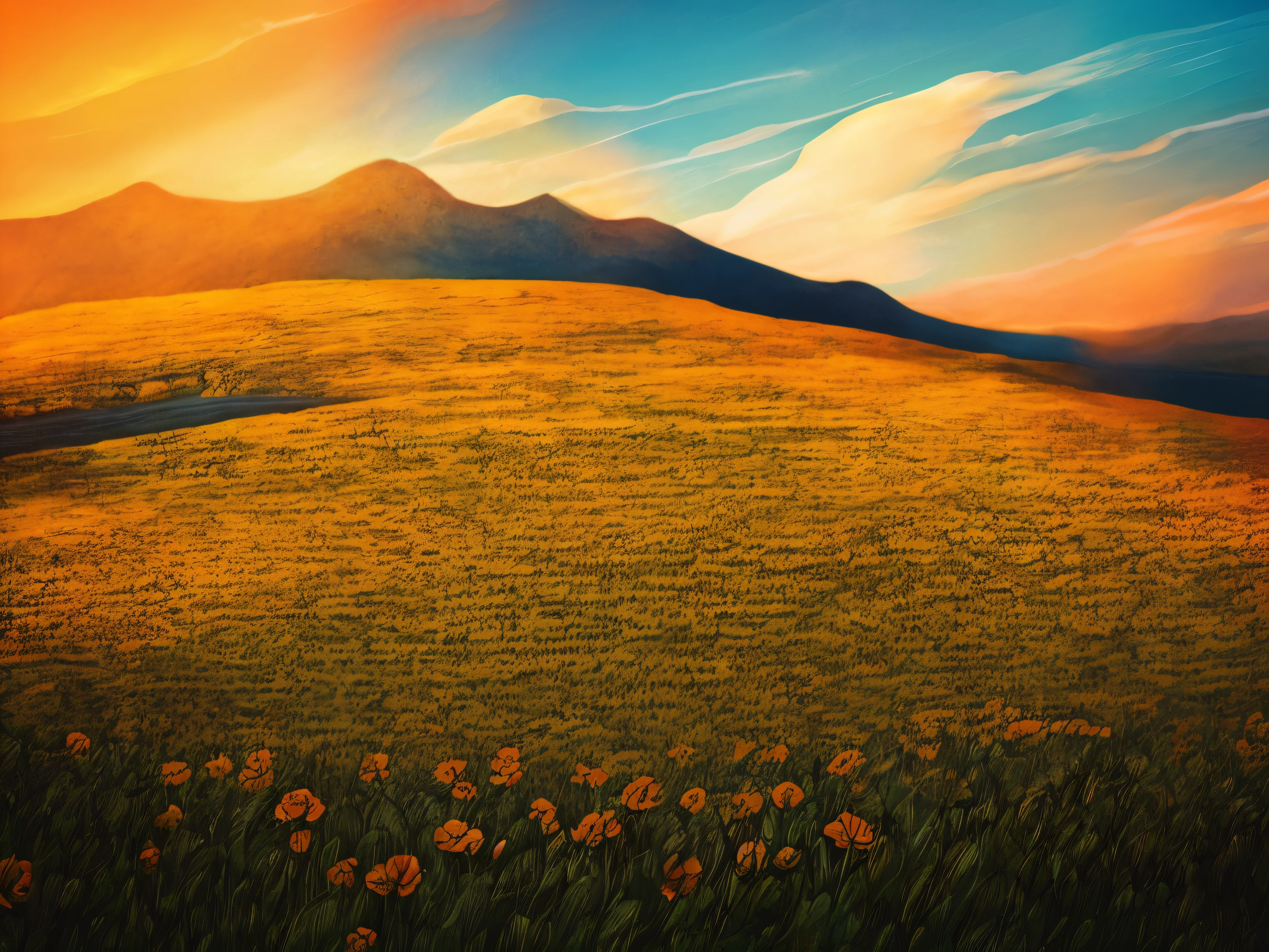 flower, cloud,yellow_flower, sky, day, outdoorshorizon, cloudy_sky, grass, mountain, field, water, blue_sky,flower_field, orange_flower,