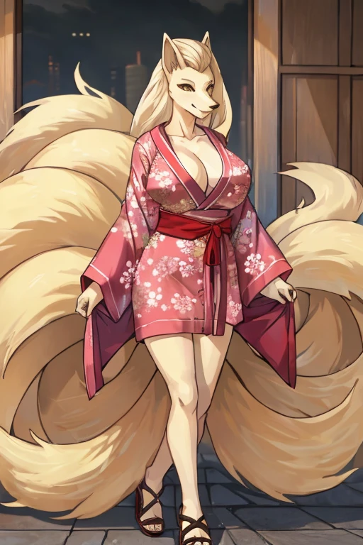 ((Ninetales)), anthropomorphic, big boobs, big ass, pokemorph, (((1girl))), (((red and pink kimono))), cute and sexy, (black sandals), slender, white skin, long legs, smiling