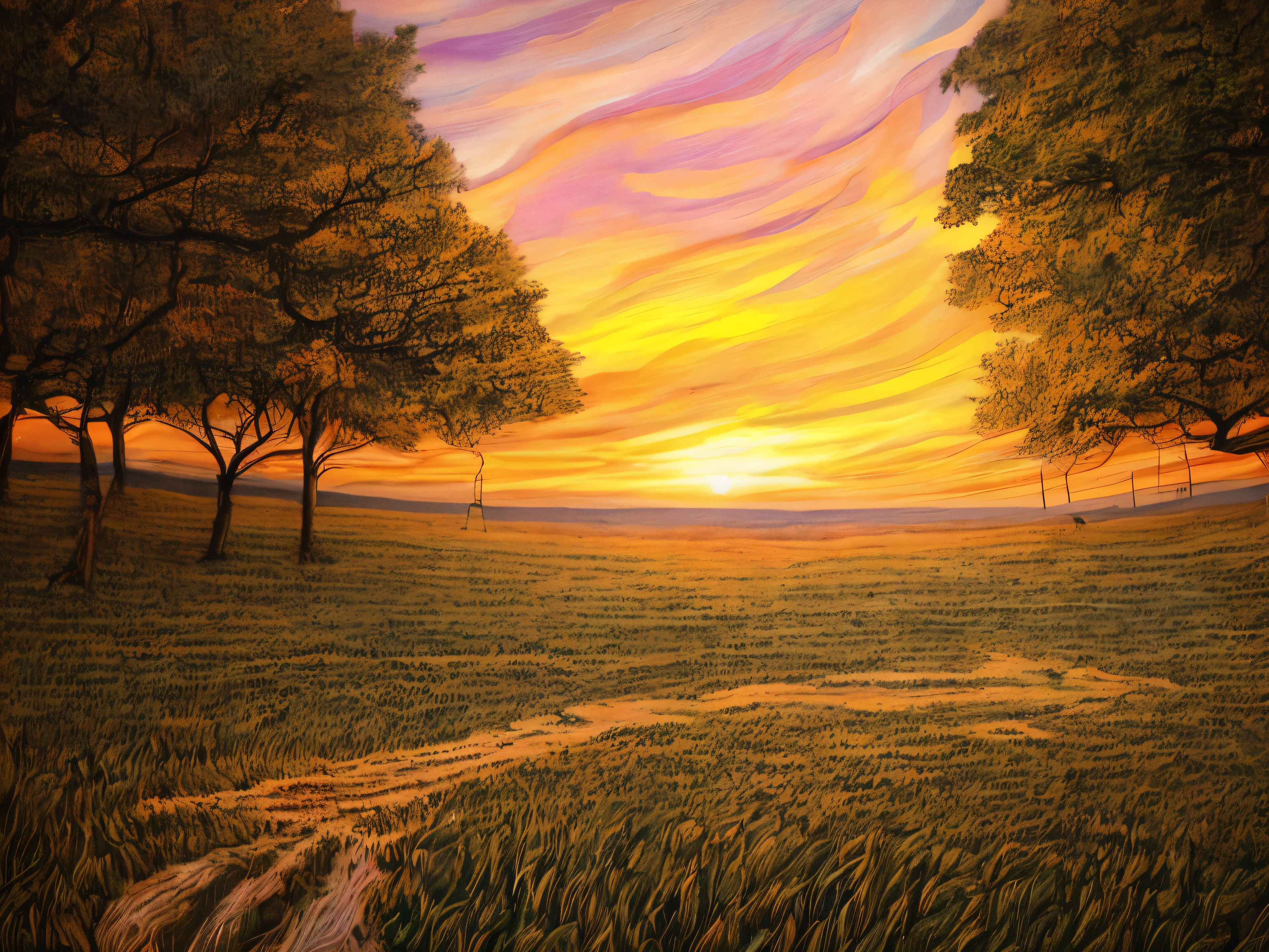 Paint a painting of a sunset with a path on a meadow plain, beautiful digital painting, Gorgeous digital painting, digital landscape art, stunning digital painting, Fantastic landscape, digital painting highly detailed, digital painted, low details. Digital painting, Detailed digital painting, highly detailed digital painting, lindo cenario, very detailed digital painting, vibrant digital painting, Amazing landscape, Beautiful landscape