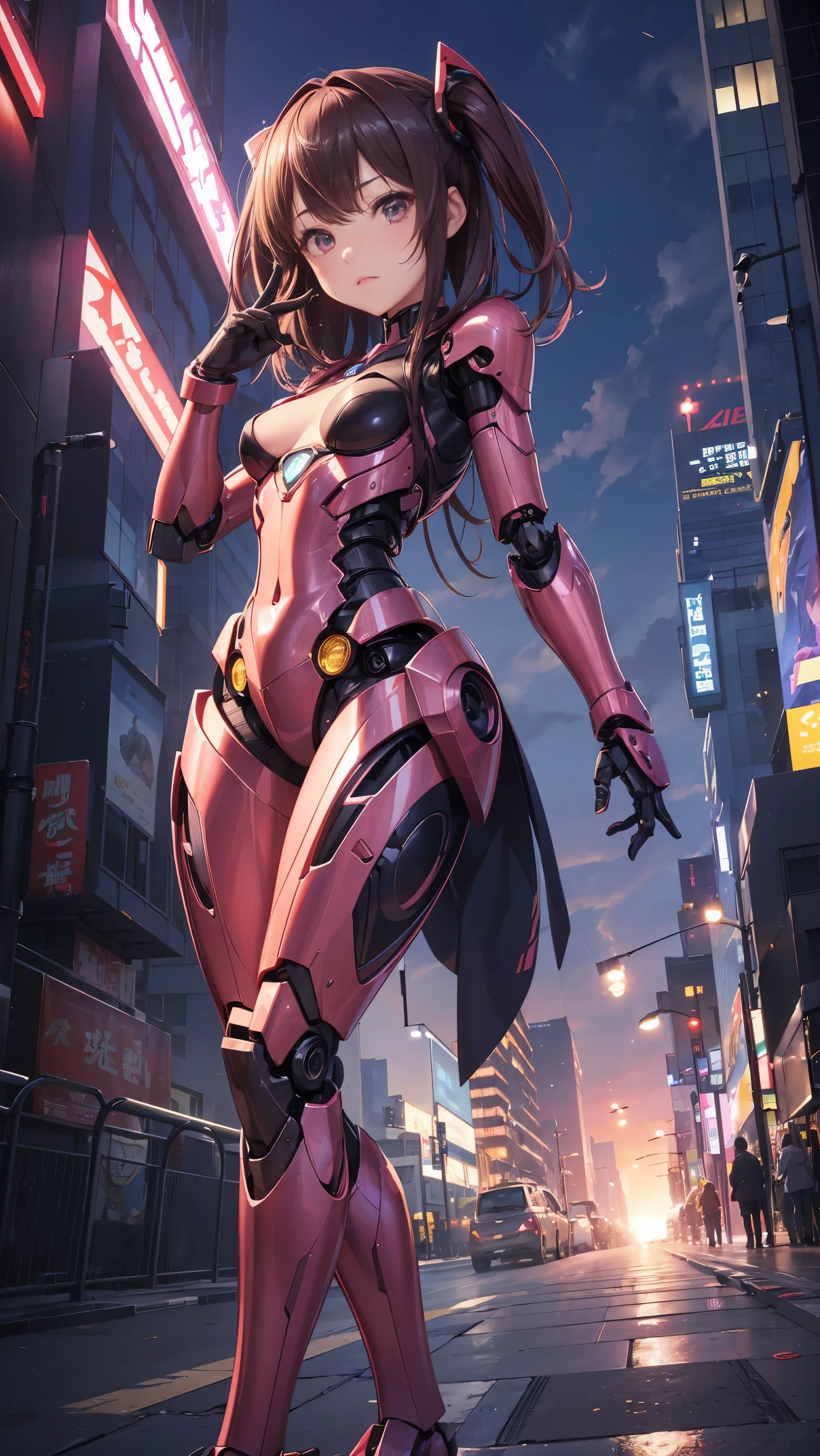 (Photorealsitic:1.4)、girl with1a person、(top-quality),(hyperdetailed face)、(Super well-formed face)、((Robot Parts))、(Cyborg girl)、(pink there)、(Burgundy)、(metalic)、(full bodyesbian)、(Moe Pose)、(thin)、(tits out)、(Model body type)、(mecha exposure)、(akihabara)、(Looking at the camera)、(A dark-haired)、(9Head and body)、(Small face)、(Well-formed fingers)、(idol)、(frontage)、(is standing)、(Photo session)、(Looks sad)、(a secretary)