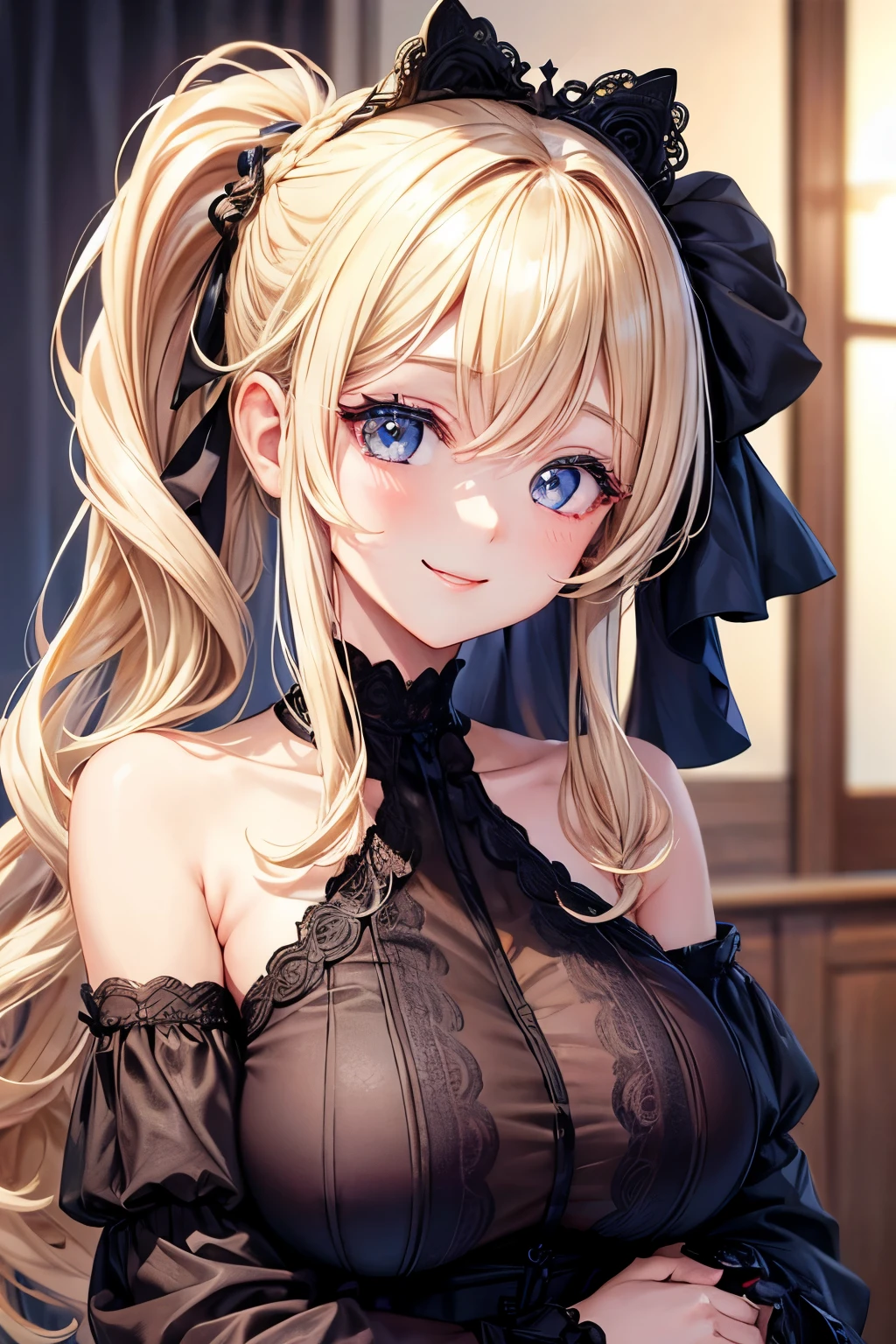 1 girl、whole body、midnight、off shoulder、(random hairstyles:1.2)、super detailed face、Details、double eyelids、(casual hairstyles、big breasts:1.2)、soft chest、blonde、smile