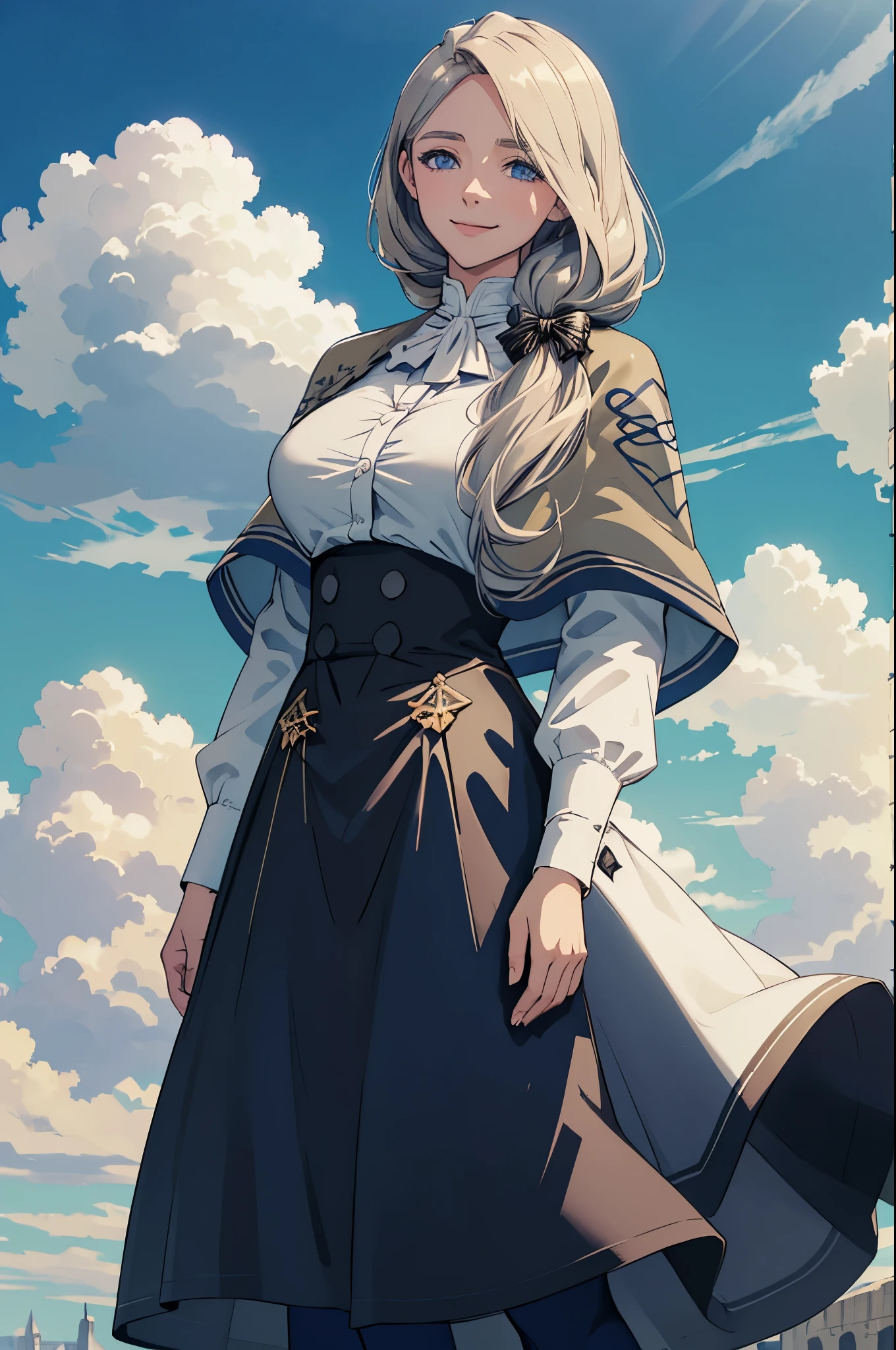 masterpiece, best quality, cowboy shot ,realistic, best quality, masterpiece, realistic ,defMercedes, capelet, hair bow, white shirt, black skirt, blue leggings, upper body, standing, large breasts, cathedral, sky, cloud, outdoors, smile, serene, hands to heart  . Atmospheric Perspective,stylish pose