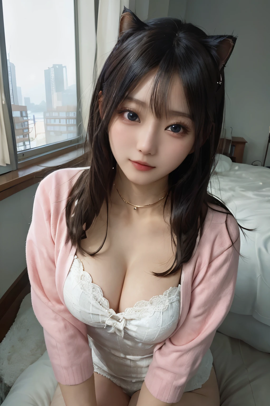 (masterpiece, the best_quality, Super detailed, 8k, ultra high definition, flawless:1.latin blue hair, blue hair,cat-Woman,, cat ears, glowing pink eyes, Shy, Compliant, Blushed, Wet oily skin, on top of bed, big胸, heart tattoo above, , big腿粗, Beautiful hip curve, 巨big, Tik, tight skin, scantily clad, lace, collar, facing the audience, Windows, bedroom, midnight, Sexy,,japanese goddess, Pink cardigan shirt, thick lips韩国女孩, 美丽的asian girl, V-shaped bust clothes, low cut,巨big,Expose the upper half of the chest,not compact,下垂的big胸,Gorgeous Chinese model, Beautiful young Korean woman, Japanese model, thick lips,duck mouth,asian girl, Beautiful young Korean woman, wearing shirt, beautiful korean woman, 坐on top of bed, Looking to the future,巨big,big,up,protrait photo,super closeup,face camera,Take photos carefully,at the seaside