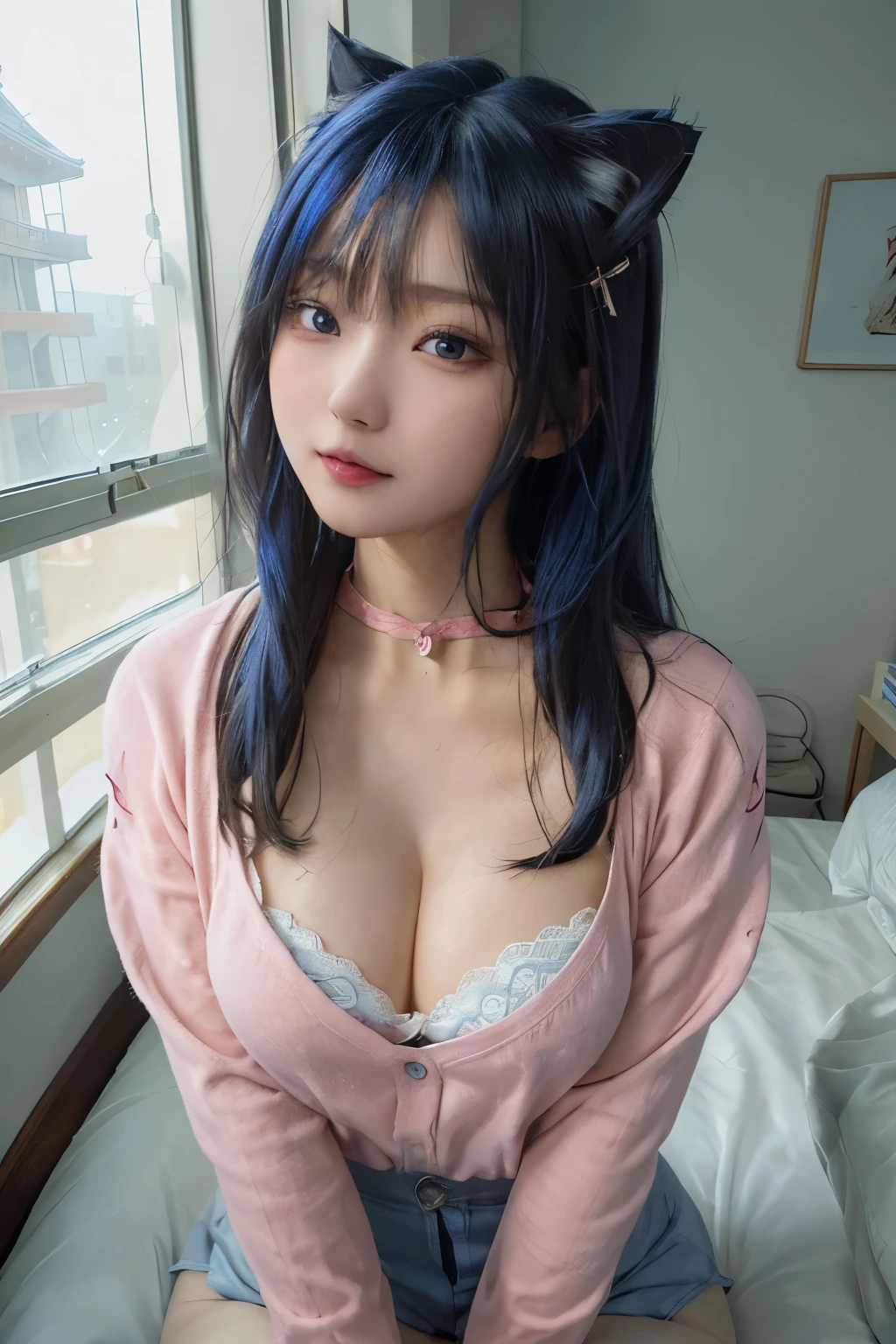 (masterpiece, the best_quality, Super detailed, 8k, ultra high definition, flawless:1.latin blue hair, blue hair，cat-Woman,, cat ears, glowing pink eyes, Shy, Compliant, Blushed, Wet oily skin, on top of bed, big胸, heart tattoo above, , big腿粗, Beautiful hip curve, 巨big, Tik, tight skin, scantily clad, lace, collar, facing the audience, Windows, bedroom, midnight, Sexy,,japanese goddess, Pink cardigan shirt, thick lips韩国女孩, 美丽的asian girl, V-shaped bust clothes, low cut，巨big，Expose the upper half of the chest，not compact，下垂的big胸，Gorgeous Chinese model, Beautiful young Korean woman, Japanese model, thick lips，duck mouth，asian girl, Beautiful young Korean woman, wearing shirt, beautiful korean woman, 坐on top of bed, Looking to the future,巨big，big，up,protrait photo，super closeup,face camera，Take photos carefully，at the seaside