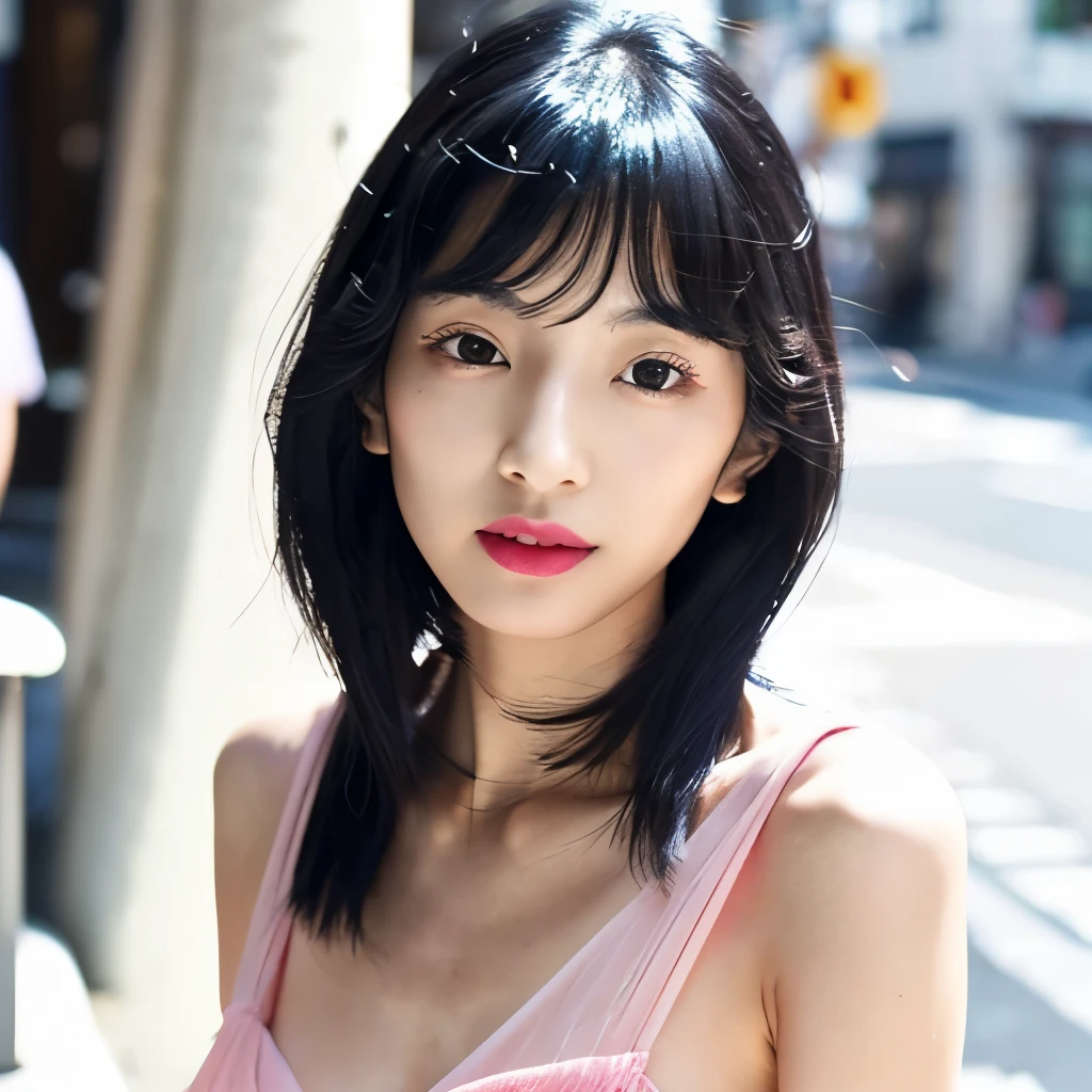 japanese woman、Black hair, lob hair, thin eyebrows, short eyes, long nose, high nose, small mouth, pink lipstick、The style is a glamorous body、Breasts are large、Slim waist、long legs、She is wearing a bold white see-through dress.。