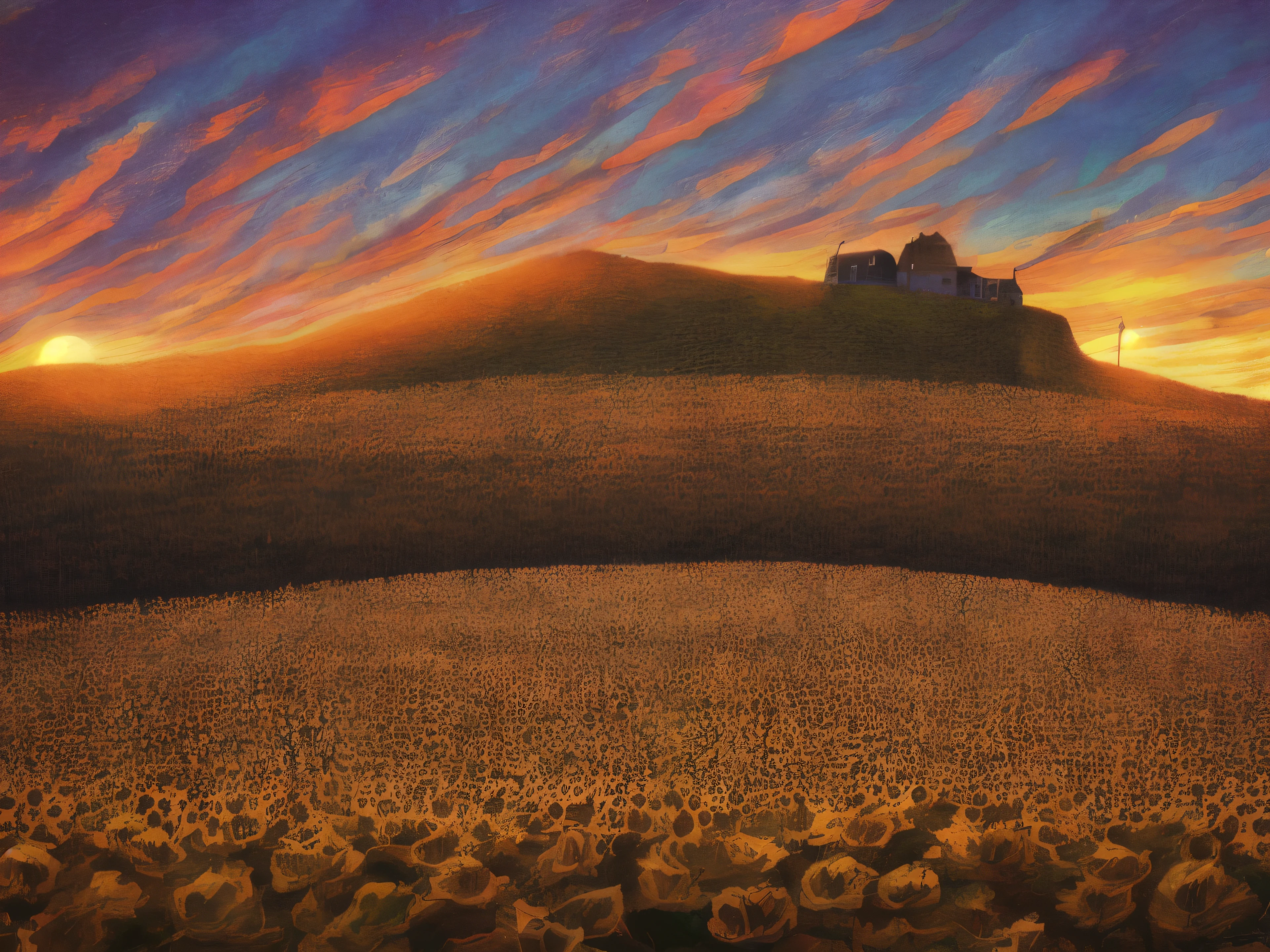 ((Midsummer Dusk)),sunflowers fields、twlight,Green Flash,landscapes,(Best Impact:1.5), (maximalism:1.7),Vivid contrast, (Realistic), hyperrealistic illustrations, hight resolution, ultra-detailliert, absurderes,(Fractal Art:1.3),Retro、Precise focus、cinema4d、Drama