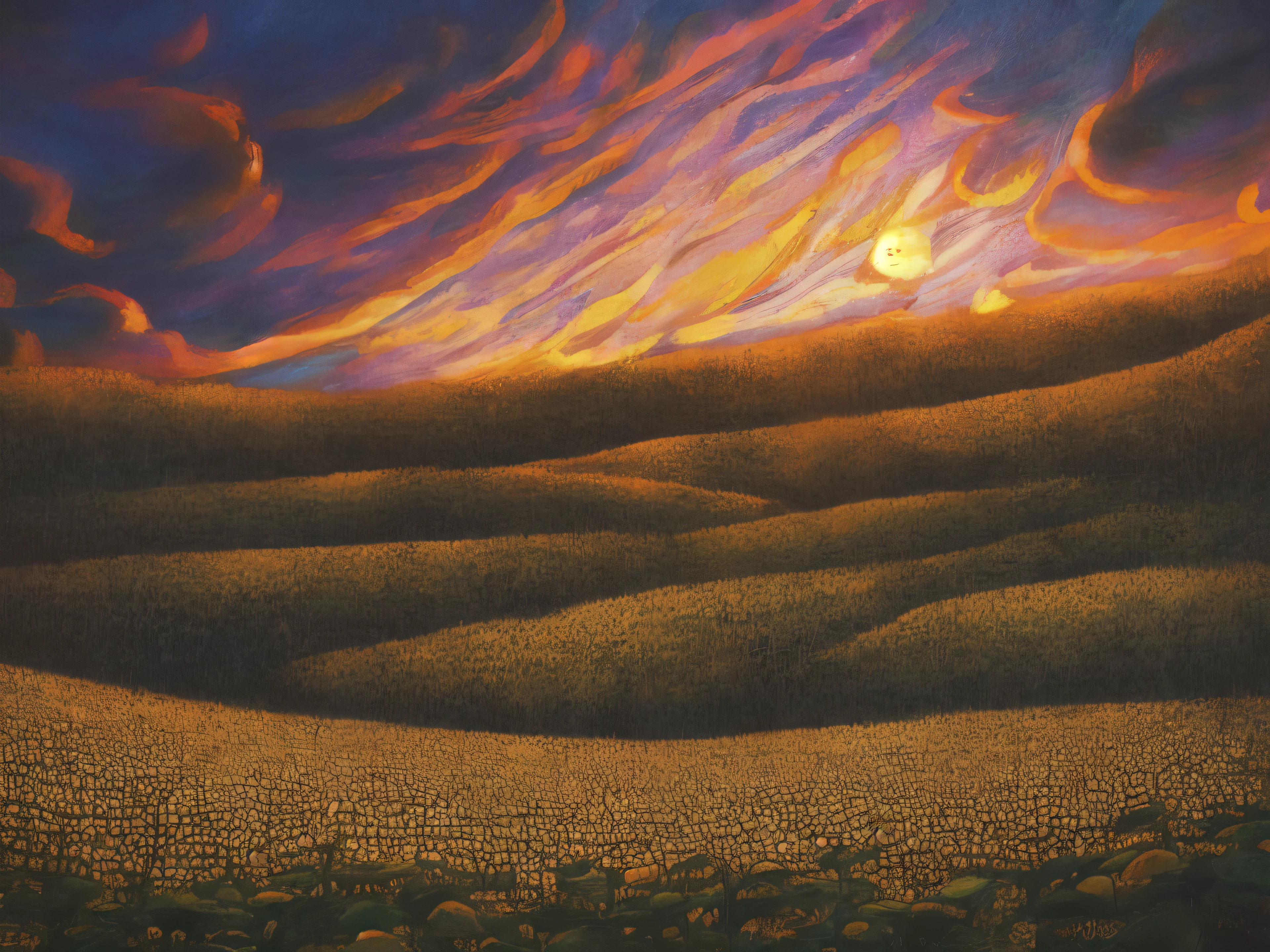 ((Midsummer Dusk)),sunflowers fields、twlight,Green Flash,landscapes,(Best Impact:1.5), (maximalism:1.7),Vivid contrast, (Realistic), hyperrealistic illustrations, hight resolution, ultra-detailliert, absurderes,(Fractal Art:1.3),Retro、Precise focus、cinema4d、Drama