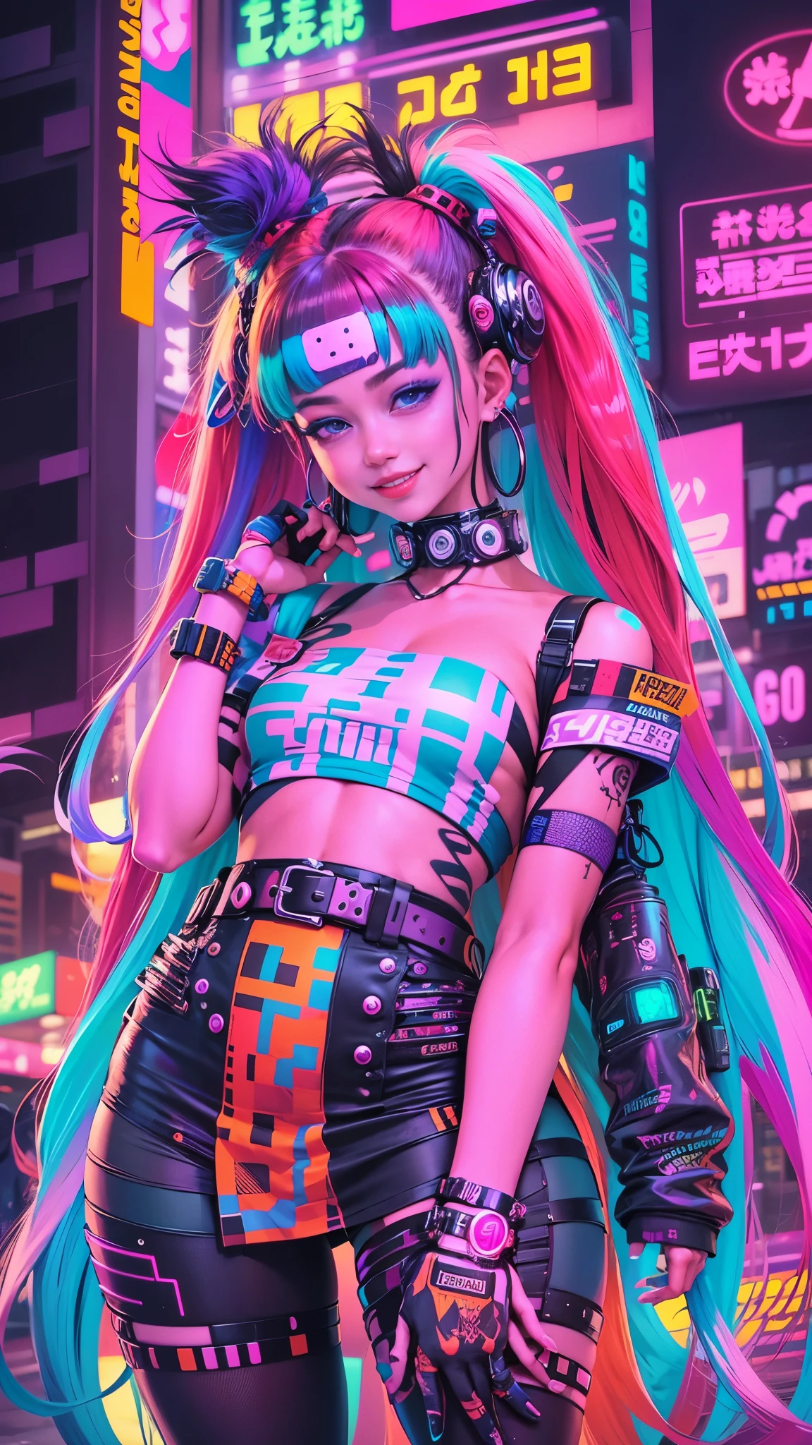cyberpunk girl, wearing colorful micro bikini, Harajuku style pop outfit, messy hair, bright colors, smiling, ((cinematic lighting)), full body image, white background