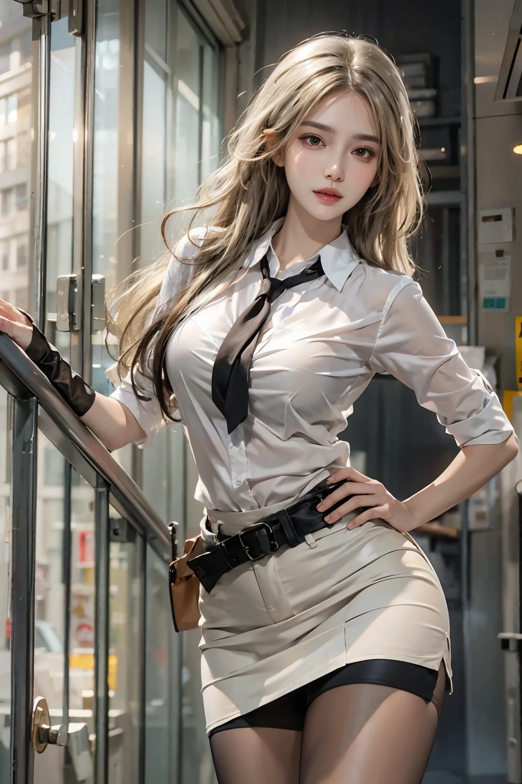 realistic, High resolution, soft light,1 female, alone, hip up, glowing skin, (detailed face),tattoo, jewelry, Secretarial Uniform, white shirt, black skirt, black stockings, garter belt, night, blonde hair, wavy hair, Beautiful Soldier, Eyes that invite the viewer, lover's perspective, an inviting look, sexy smile, perfect style, perfect balance, fine skin, naughty look, I can see your chest