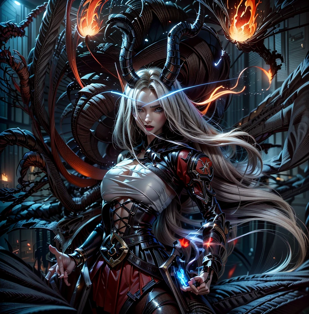 (masterpiece, best quality), (Photo realistic), 1lady, solo, demon horns, (dragon, art by hermann nitsch, zdzislaw beksinski, dariusz zawadzki, giger), white long curly hair, beautiful, realistic pretty face, Night elf, demonhunter, big voluptuous breasts, dense long eyelashes, sexy leather armor, ultra high detailed, evil smile, dramatic lighting, photo realistic, ray tracing, cinematic lighting, Fujicolor, 8k, hd, highres, high quality, best quality, award winning, super detail, anatomically correct, Full body image, masterpiece, warcraft