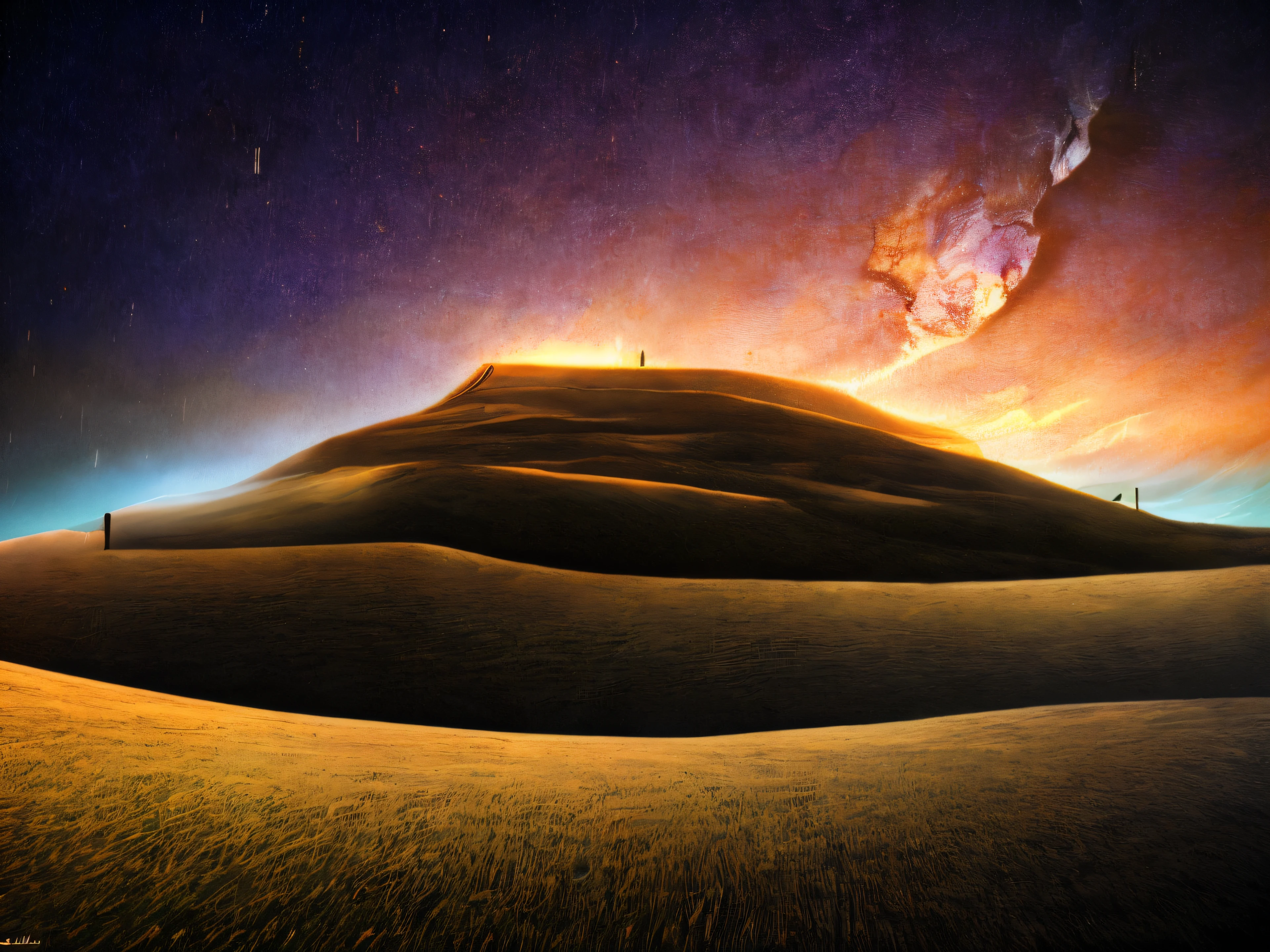(16K, high-resolution, best quality:1.2), huge planet, rich deserts, surrealism, masterpiece, night, starry sky, vivid colors, detailed sand dunes, mysterious atmosphere, otherworldly landscape, ethereal moons, glowing stars.