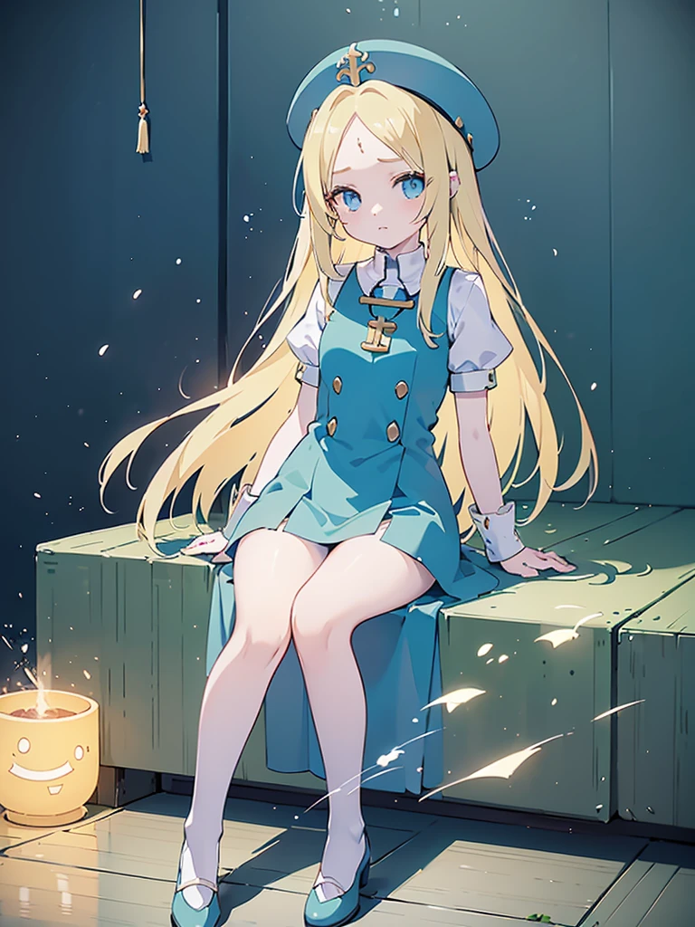 ((Mint Adnade from Tales of phantasia)), 1girl, solo, a priest, 18yo, blond long hair, ((straight hair)), deep blue eyes, Raising bangs, ((Forehead)), large tits, blue hat, ((blue long vestment)),魔法の杖, full body shot, she is spelling Healing magic, at riverside, masutepiece, Best Quality, (the Extremely Detailed CG Unity 8K Wallpapers), (Best Quality), (Best Illustrations), (Best Shadows), (((Particle effect))), Isometric 3D, Octane Rendering, Ray tracing, super detailed,