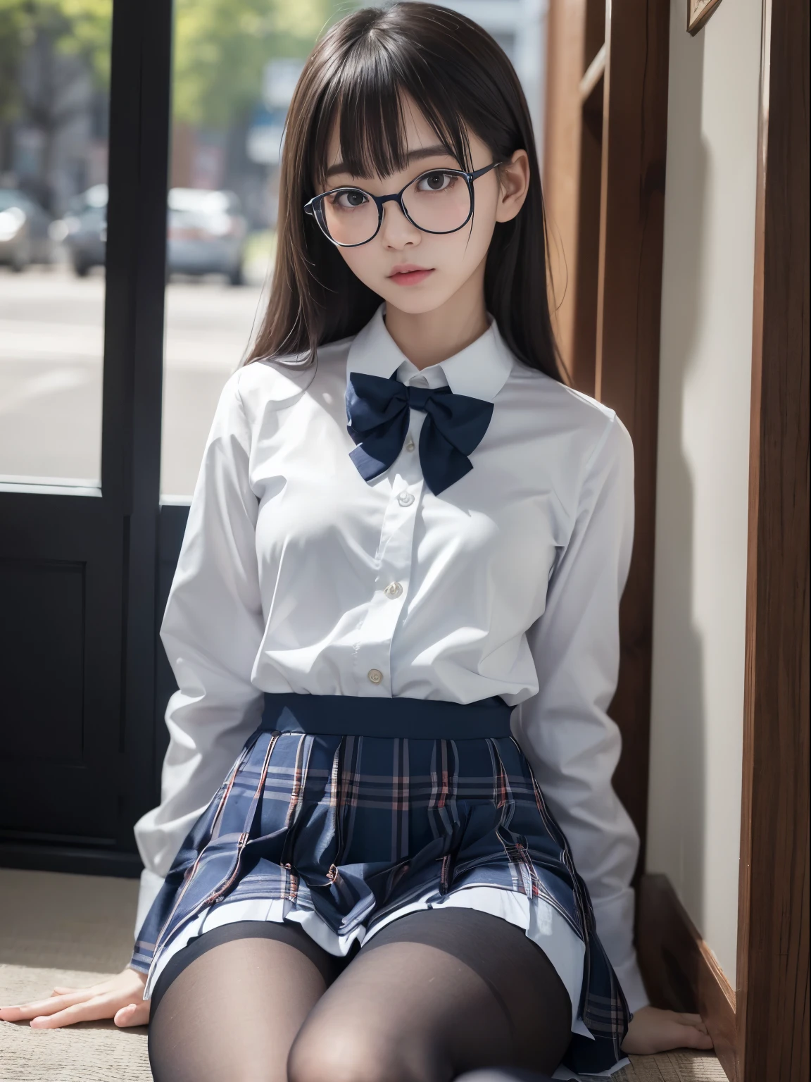 (I can see my underwear)、((細いeye))、((細いeye))、((細いeye))、(8K、生photographgraphy、highest quality、masterpiece:1.2),、small、(flat chest)、(flat chest)、(flat chest)、(flat chest)、(flat chest)、(Are thin)、Fair skin、Whitening、dark look、skinny,sex appeal,Fair skin肌,Saucy,School,looking at the viewer,looking straight ahead,high-pitched clothes,erotic,students,white skin,knees,((black pantyhose)),((black pantyhose)),disorganized,(small face),(small face),I can see the forehead,Bangs hanging from the left and right sides of the forehead,(cold look,eyeがきつめ,glare,bullish,anger)、masterpiece,highest quality、ultra high resolution,生photograph,beautiful,beautiful,There is only one person, solo,Glasses,,dark look,small breasts same,full body,(まるGlasses),JK uniform,high school girl,japanese woman, (photorealistic:1.37)、photon mapping,Reality、beautiful woman,cute baby face,ブラウンeye、black socks、(red bow tie)、radio city、Physically based rendering、depth of field rally background、photograph,body,beautiful feet, long legs, thin legs,(I can see my bangs), Hairy pubic area, lips, blue_eye, nose soft,(light blue dress shirt), (Navy, blue and white plaid pleated skirt), kneesが見える,transparent clothing,, Peaches, black cotton socks,Nogizaka Idol, , japanese idol