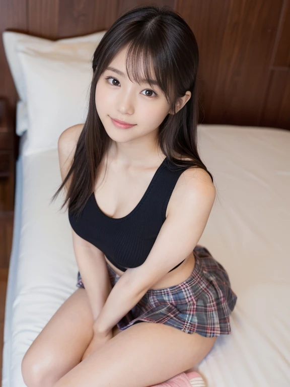 masutepiece, Best Quality, 8K, 1girl in, (Put your right hand to your mouth:1.4), Correct human finger, japanaese girl, Cute, Girly, Delicate girl, Neat and clean beauty,(Cowboy Shot:1.5), Detailed eyes, Capture the light in the eyes, Sexy lips, sleepy, Luminescent, Looking at the camera、Raw photo, Anatomically correct, Bokeh，Textured skin, Professional Photography, Portrait, Soft light, Professional Lighting, Back Light,  (Eyes and faces with detailed:1.0)、at bedroom、Kneel、The upper part of the body、Looking Up、(From  above:1.4)、large udder、Navy blue wet swimsuit、half-opened mouth、White teeth