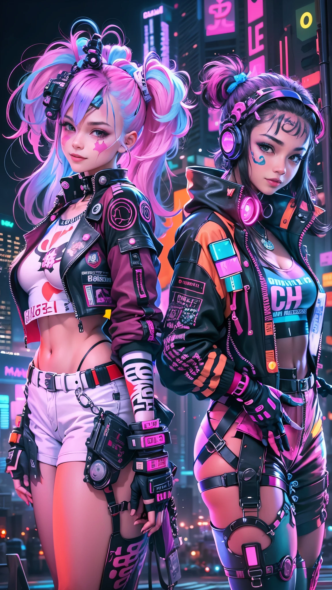 masterpiece, highest quality, 2 ((smile)) Cyberpunk Girls Standing Together, Harajuku-inspired cyberpunk body harness, Bold colors and patterns, eye-catching accessories, Trendy and innovative hairstyles, Dazzling cyberpunk cityscape, skyscraper, glowing neon sign, led lights, anime illustration, fine skin texture, fine cloth texture, beautiful detailed face, intricate details, Super detailed, cinematic lighting, strong contrast.