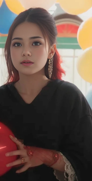 1girl in, star eye, blush, Perfect Illumination, Red hair, Red Eyes, Unreal Engine, side lights, Detailed face, Bangs, bright skin, Simple background, Dark background,