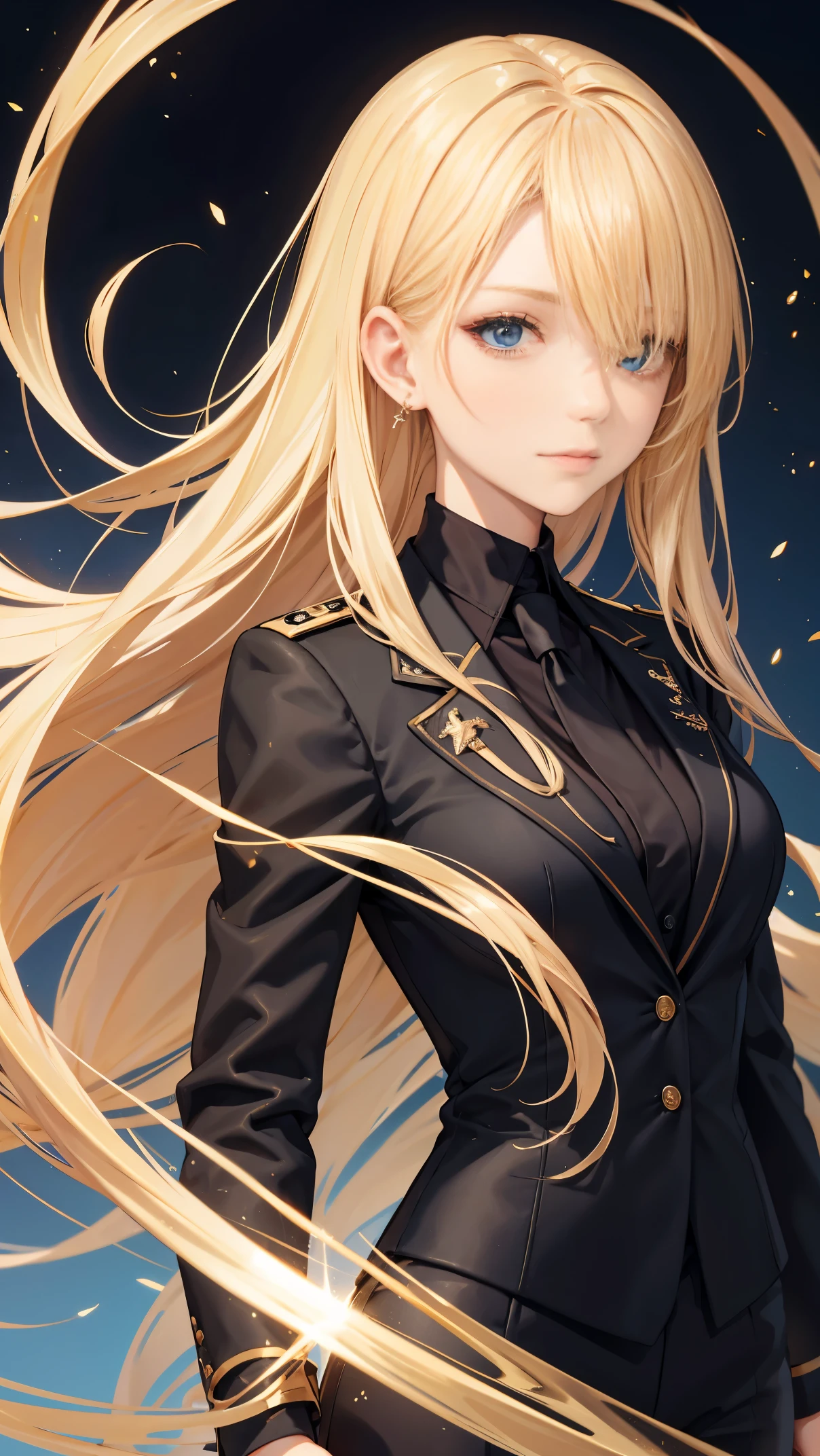 Potrait of european girl, solo, 20yo, beautiful face, uppser body, hair over one eye, medium sidecut, blonde hair, sharp focus, black business suit