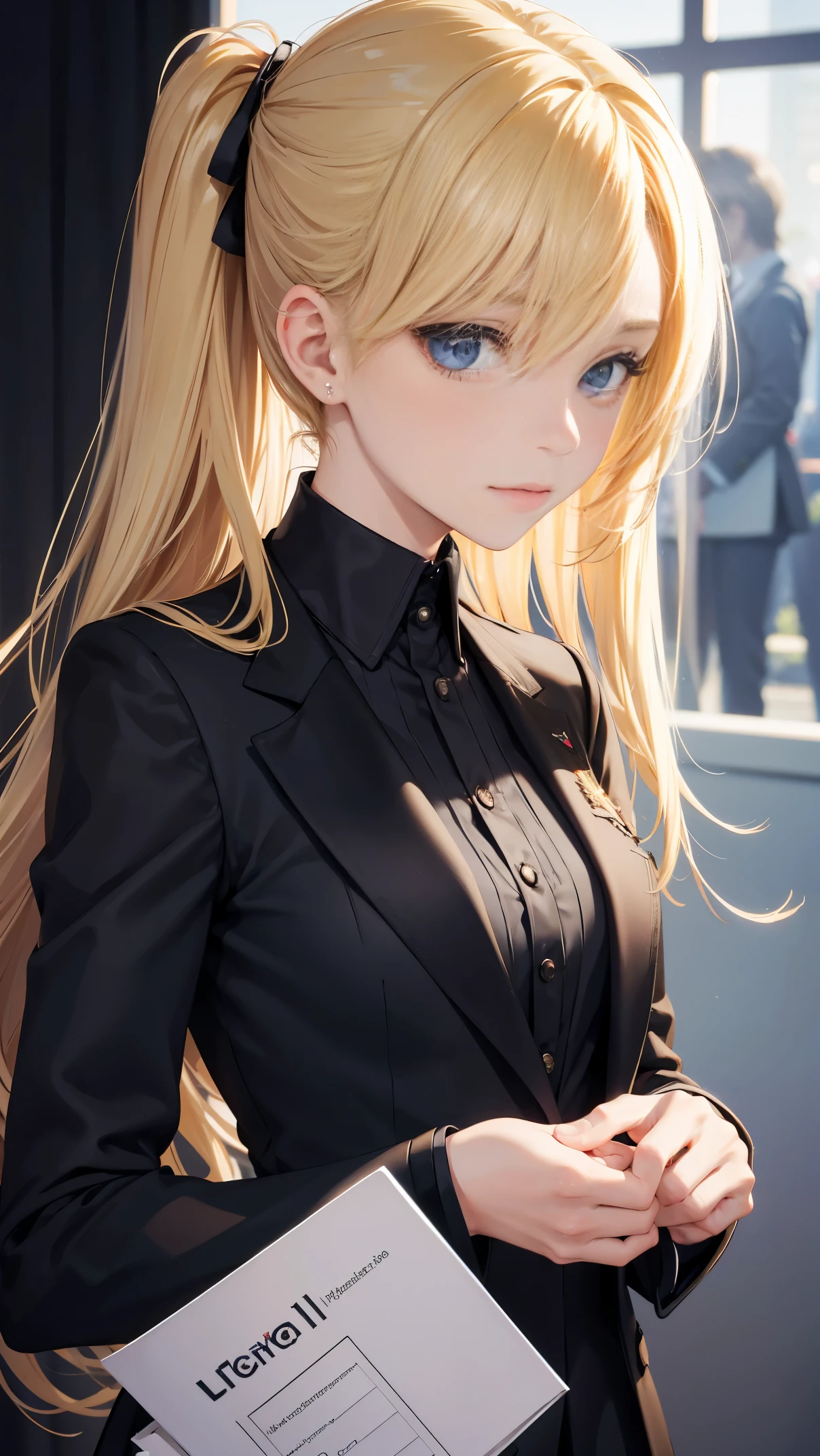 Potrait of european girl, solo, 20yo, beautiful face, uppser body, hair over one eye, medium sidecut, blonde hair, sharp focus, black business suit