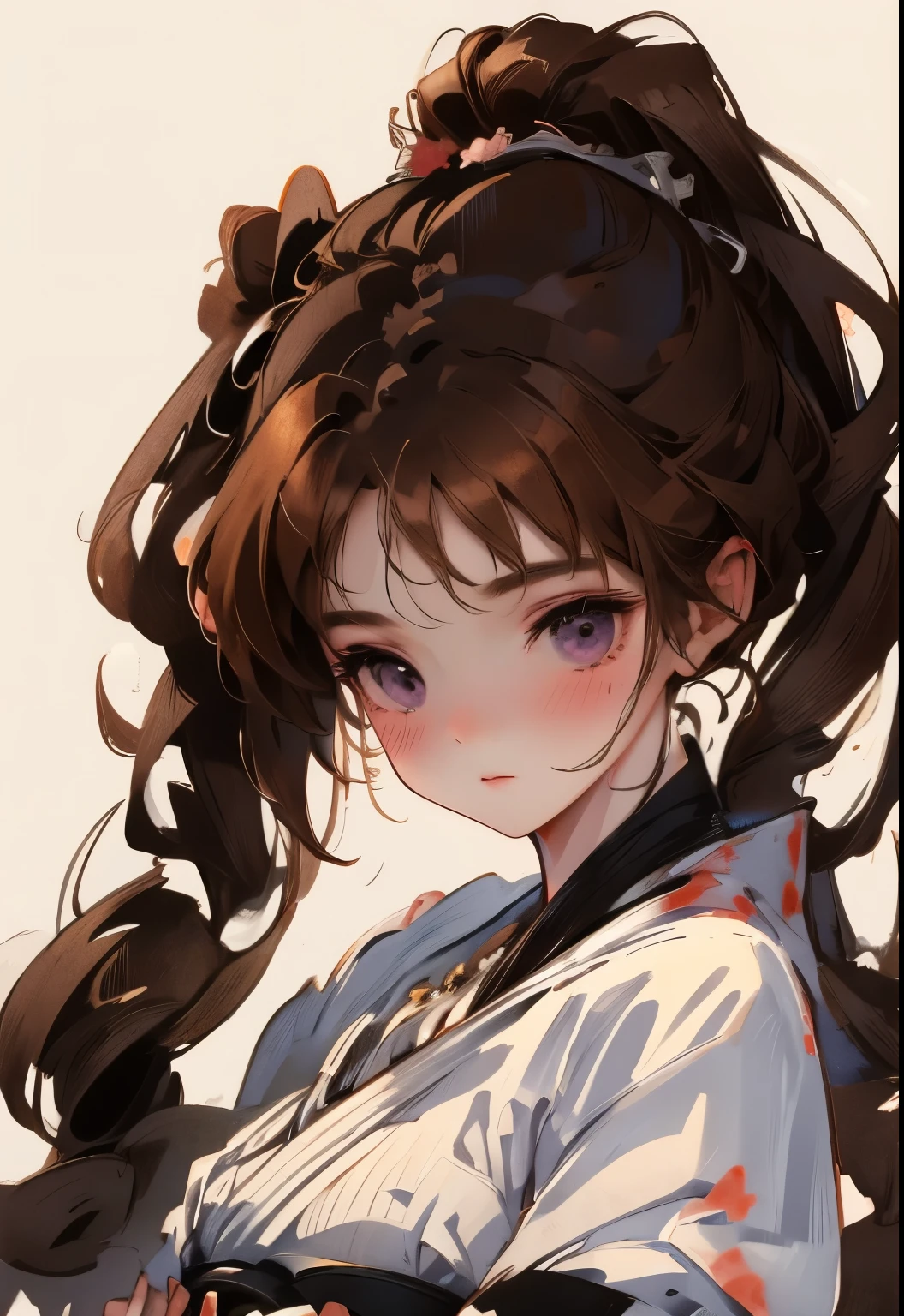 (1 girl), masterpiece, best quality, Super exquisite illustrations, A very cute girl, Highly detailed beautiful faces, looking at the audience, 1 girl, belt, close up, looking at the audience, 4K, high resolution, ribbon,blush, Throw, double ponytail hair, White background, simple background, thick outline, purple eyes, (sleep), brown hair, chibi, expression of love, ((brown hair)), (Blood),