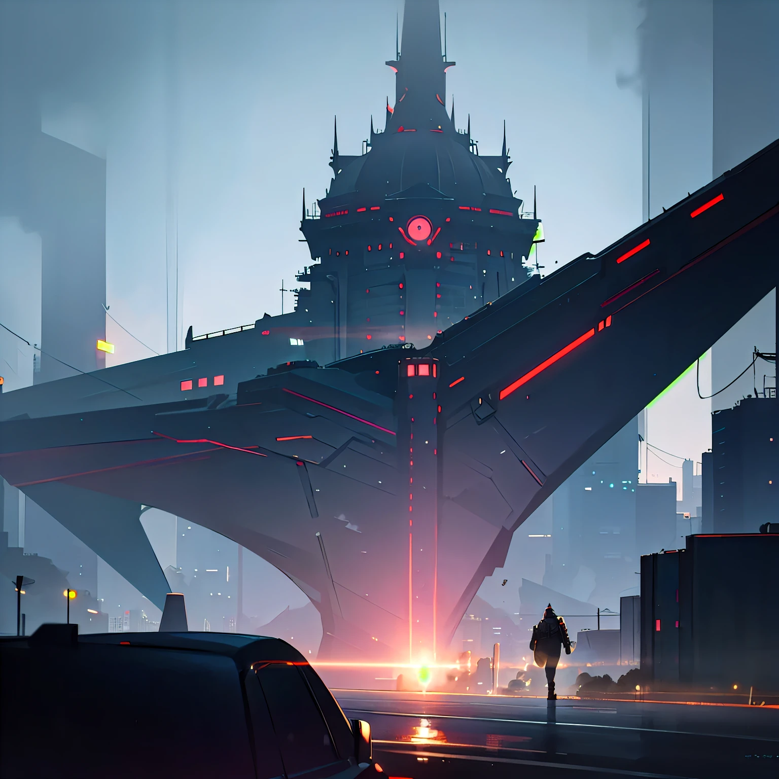 cyberpunk style, dark night, city road, High-speed vehicles, Empty environment, Black sky, Strong contrasting environment, scurry.dense fog