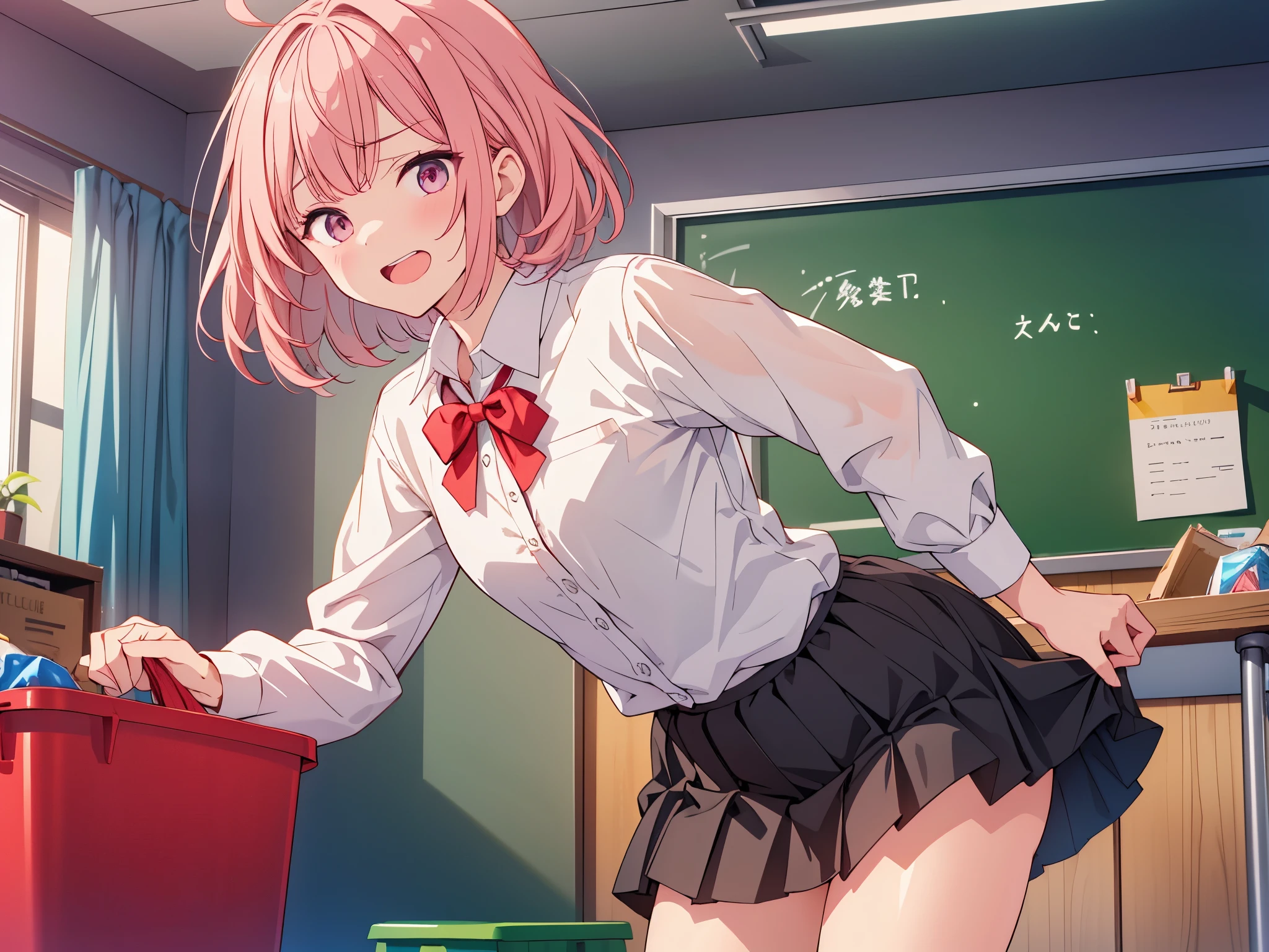 masterpiece, best quality, highres,Very Aesthetic, 1girl, (1boy,),,age difference,bowtie,blonde hair,breasts,long hair,pink hair,pleated skirt,shirt tucked in,short hair,skirt,smile,tented shirt,in classroom, bent over desk, getting fucked, having sex